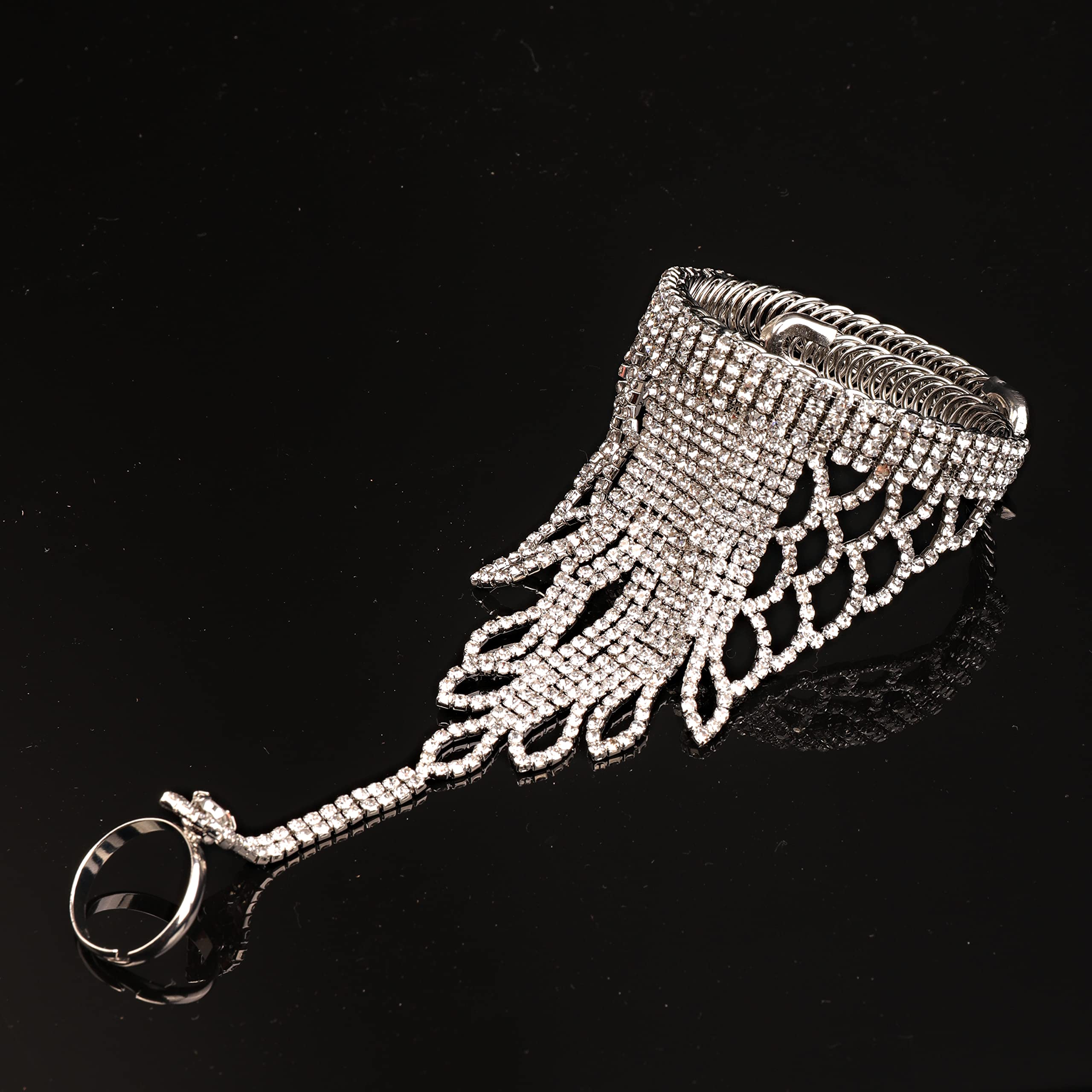 Elegant Rhinestone Crystal Hand Chain Bracelet - Silver & Gold Finger Link Bangle for Women | Perfect for Weddings, Parties, and Special Occasions
