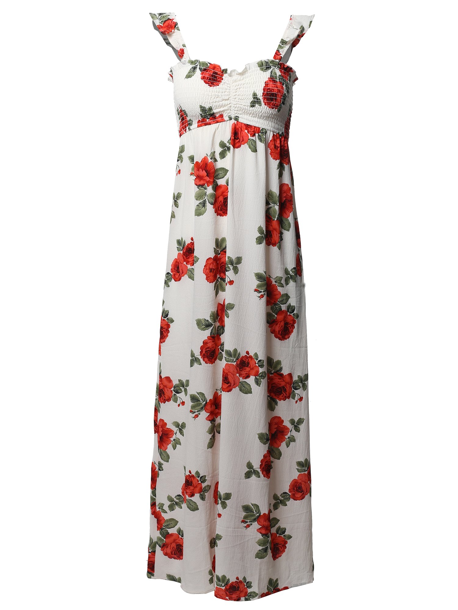 Emma Women's Floral Crepe Smocked Maxi Dress with Ruffled Straps - Elegant Rose Print Long Dress for Weddings, Parties & Summer Vacations