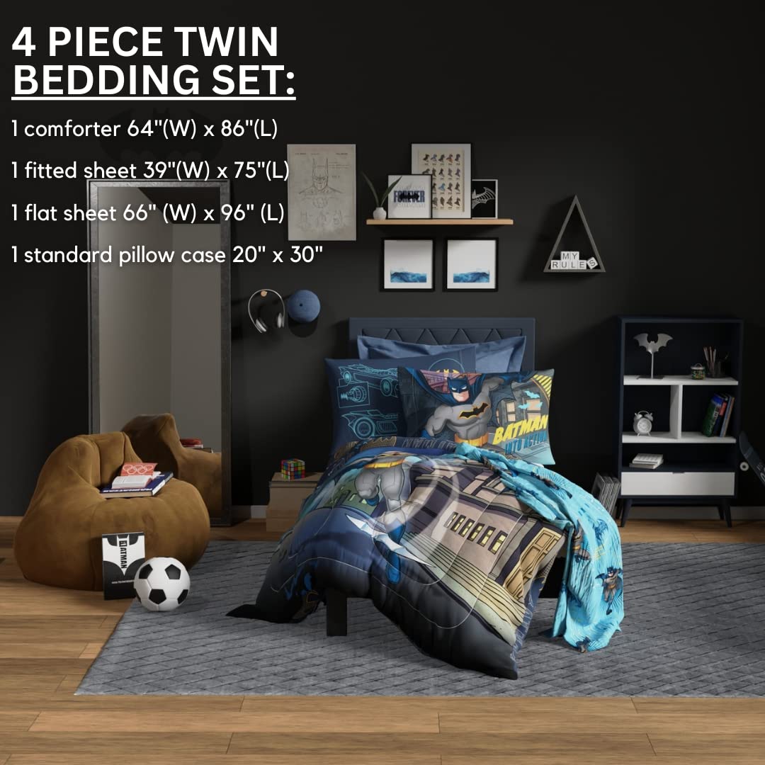 Super Soft Franco Kids Bedding Set - 4 Piece Twin Size Batman Comforter & Sheet Set for Boys' Room Decor | Perfect for Superhero Themed Bedrooms & Cozy Sleep
