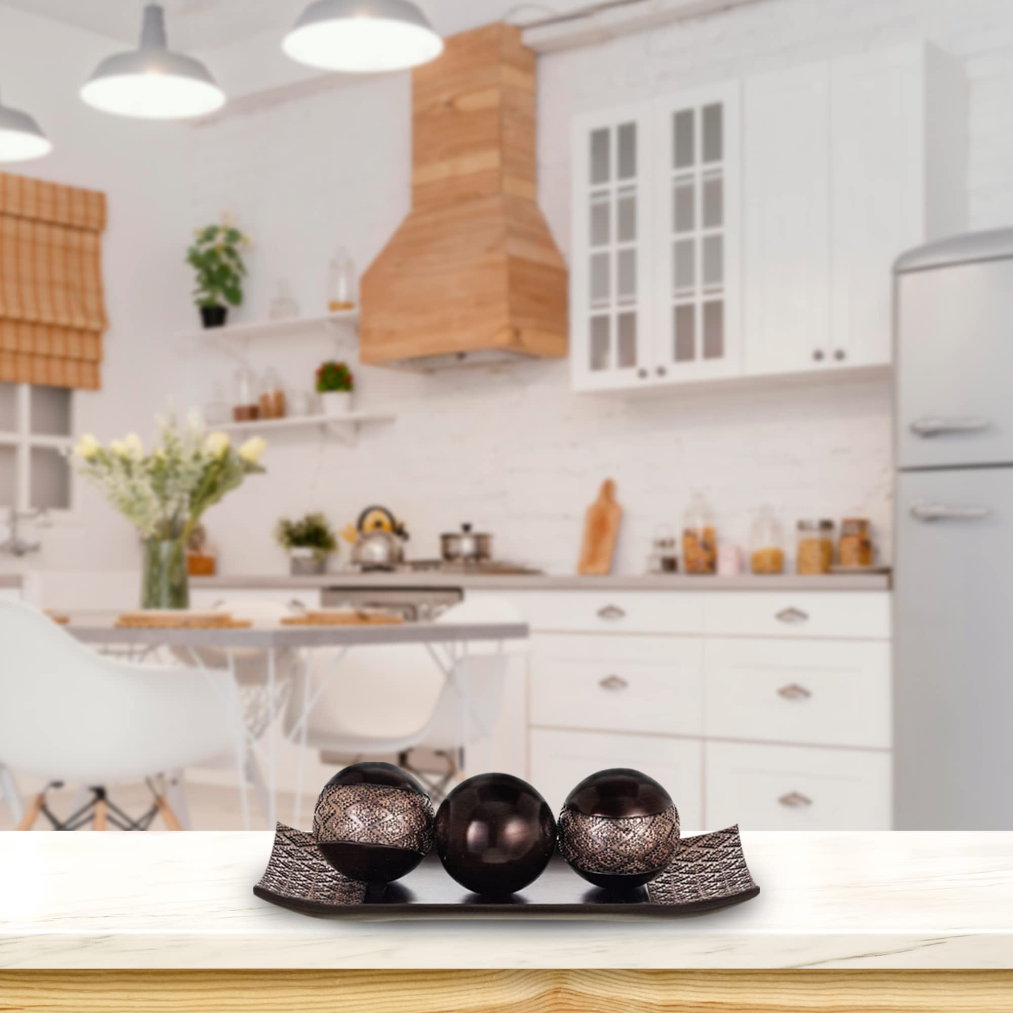 HomeRoots Decorative Tray and Orbs Set of 3 - Elegant Brown Table Centerpiece for Living Room, Coffee & Dining Tables | Home Decor Accents | Perfect for Wedding, Party & Holiday Decorations