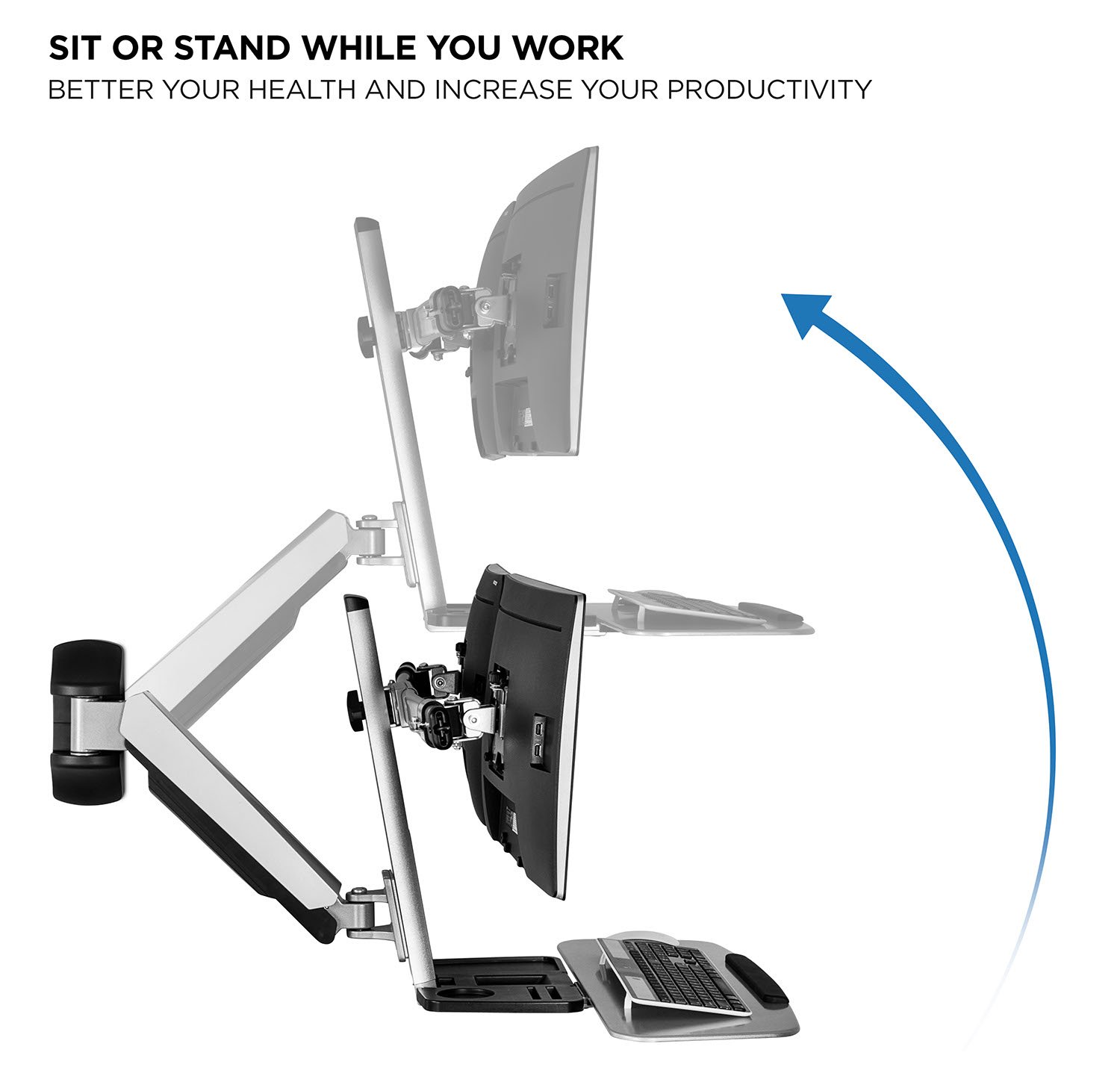 Mount-It! Adjustable Dual Monitor Wall Mount Stand Up Desk Workstation with Articulating Keyboard Tray & CPU Holder - Perfect for Home Office, Gaming Setup & Ergonomic Workspace