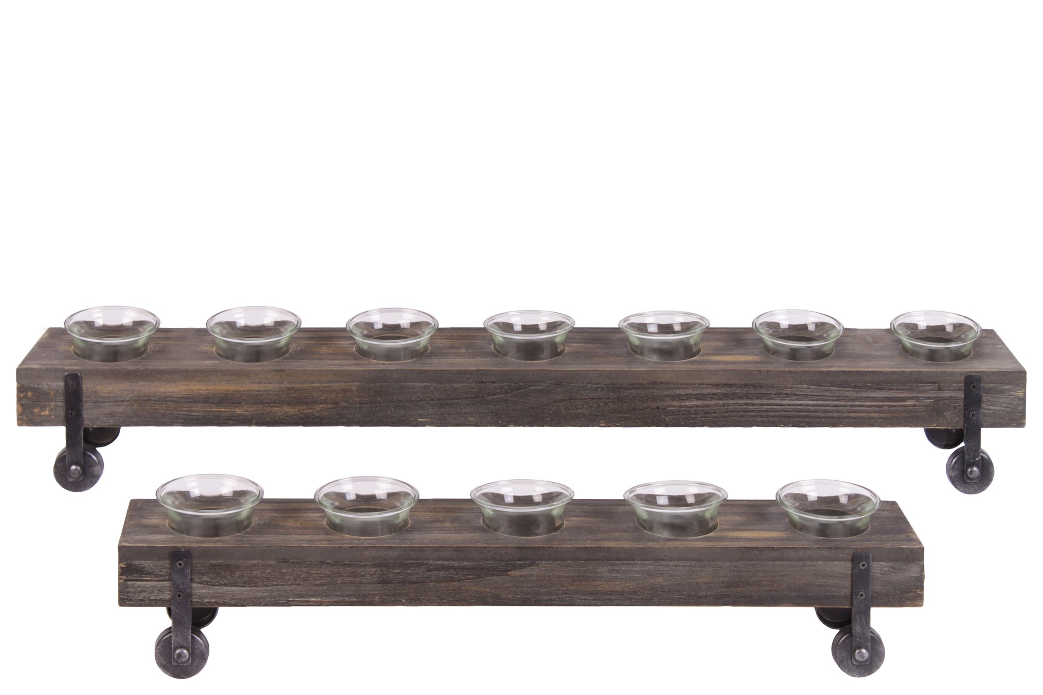 31517 Set of 2 Rectangular Wood Candle Holders with Glass Cups - Dark Brown Wood Finish for Home Decor, Wedding Centerpieces & Tabletop Decorations