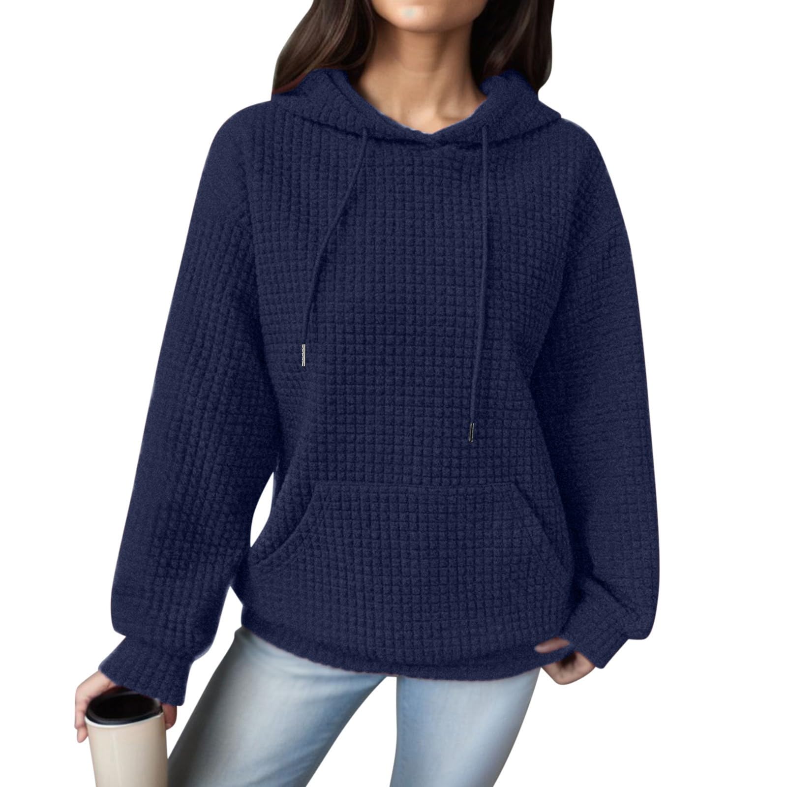 Trendy Women's Waffle Hooded Sweatshirt - Lightweight Long Sleeve Drawstring Pullover Blouse for Casual Wear & Loungewear | Perfect for Fall, Winter & Cozy Outfits