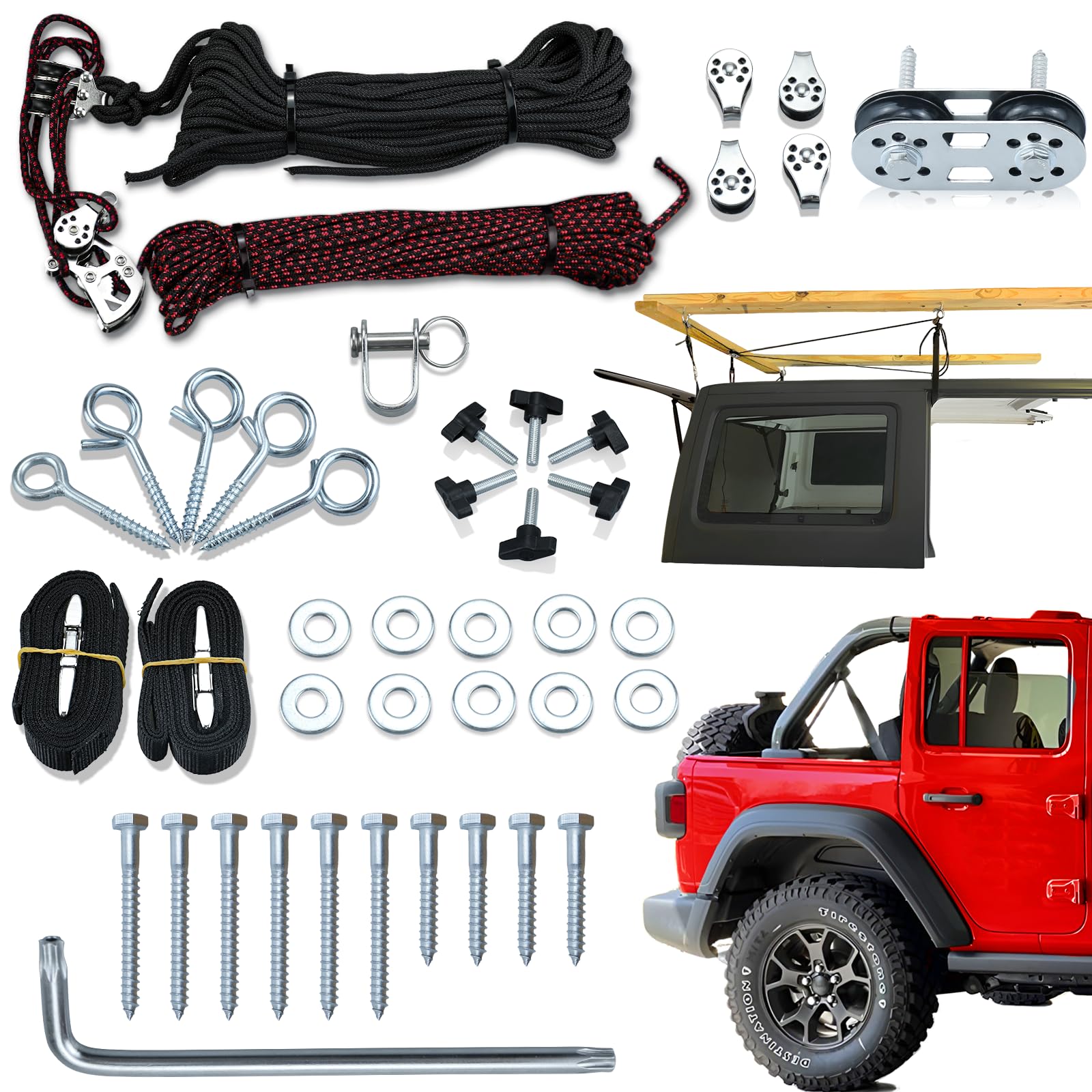 Jeep Wrangler Hard Top Removal Lift - Single Person Roof Hoist for JL & JK Models | Compatible with Ford | Anti-Drop Safety System | 8-16 ft Ceiling Support | Includes 6 T-Knobs | Perfect for Garage Storage & Off-Road Enthusiasts