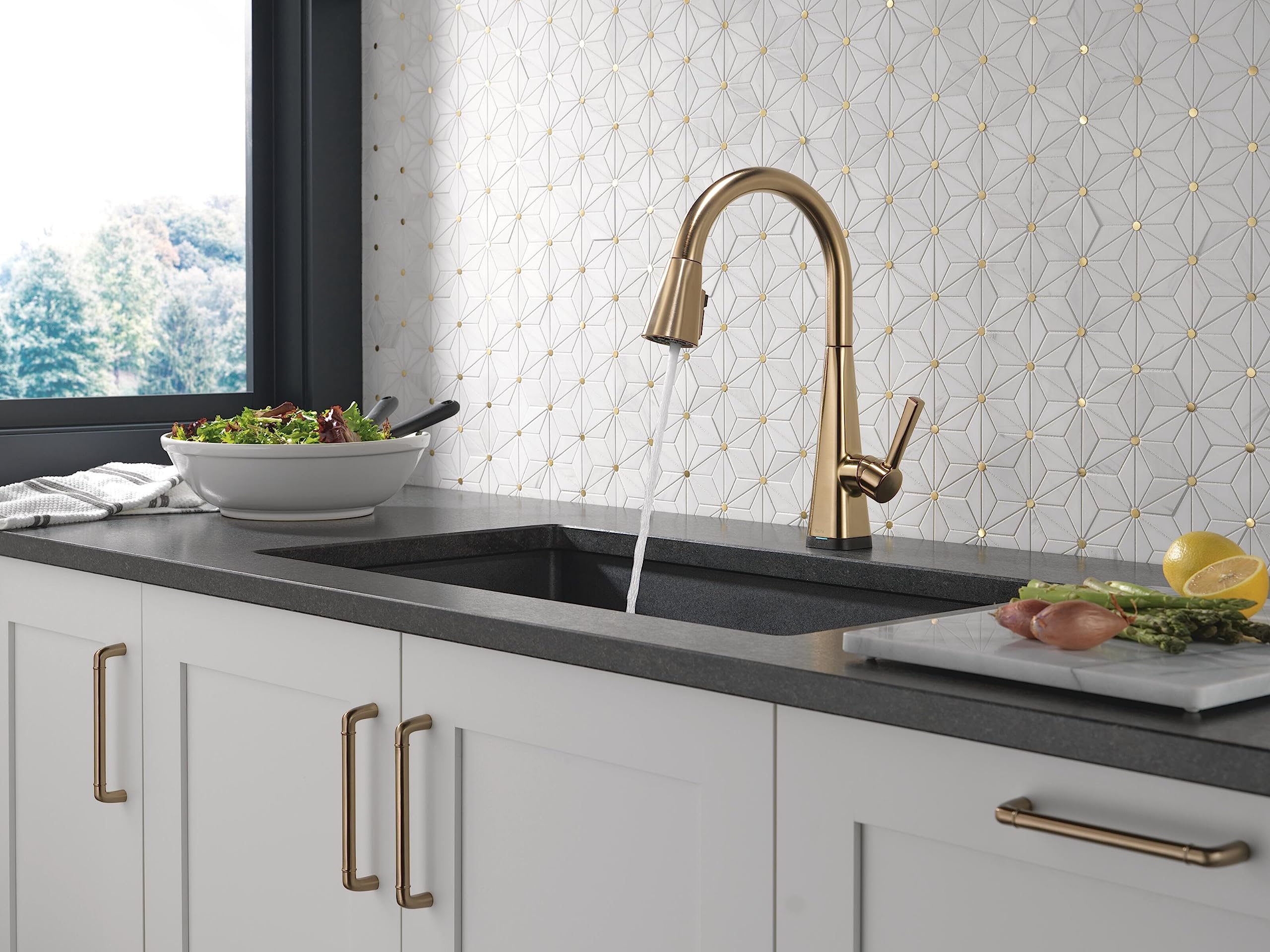 Delta Gold Kitchen Faucet with Touch2O & Soap Dispenser for Modern Sinks