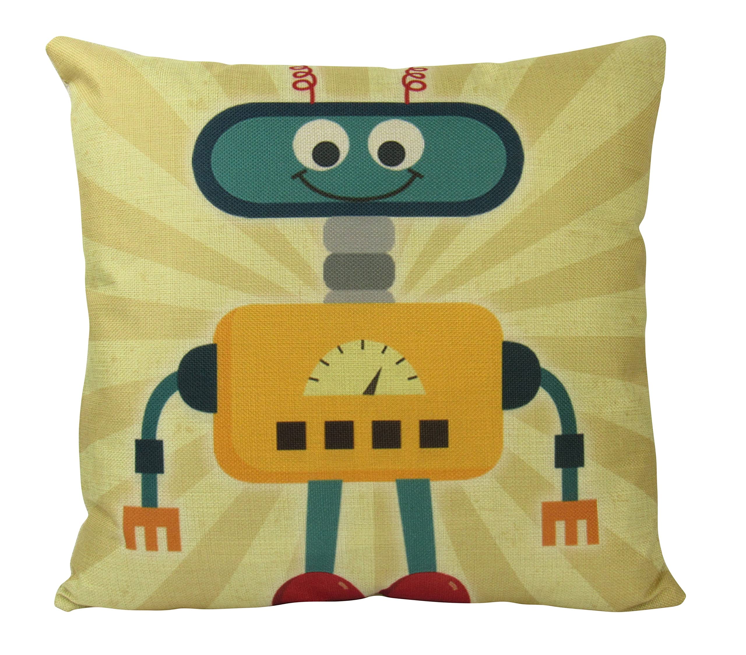 Yellow Robot Throw Pillow Cover - Fun & Happy Birthday Gift for Kids Room Decor, Home Decor, Bedroom & Living Room Accent
