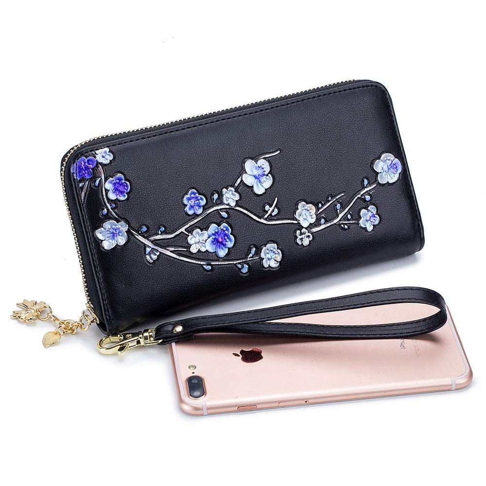 Genuine Leather Wrist Wallet for Women - Blue Embossed Purse with RFID Protection | Perfect for Travel, Shopping & Everyday Use