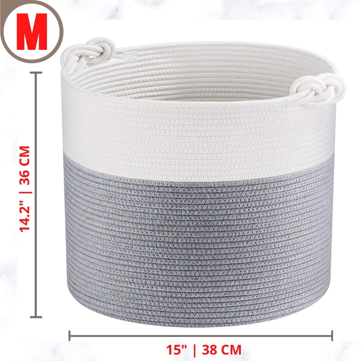 MINTWOOD 15 x 14.2 Inch Woven Cotton Rope Storage Basket - Multi-Purpose Organizer for Toys, Laundry, Nursery, Blankets & Pet Supplies - Dark Gray Home Decor Gift for Housewarming & Baby Shower