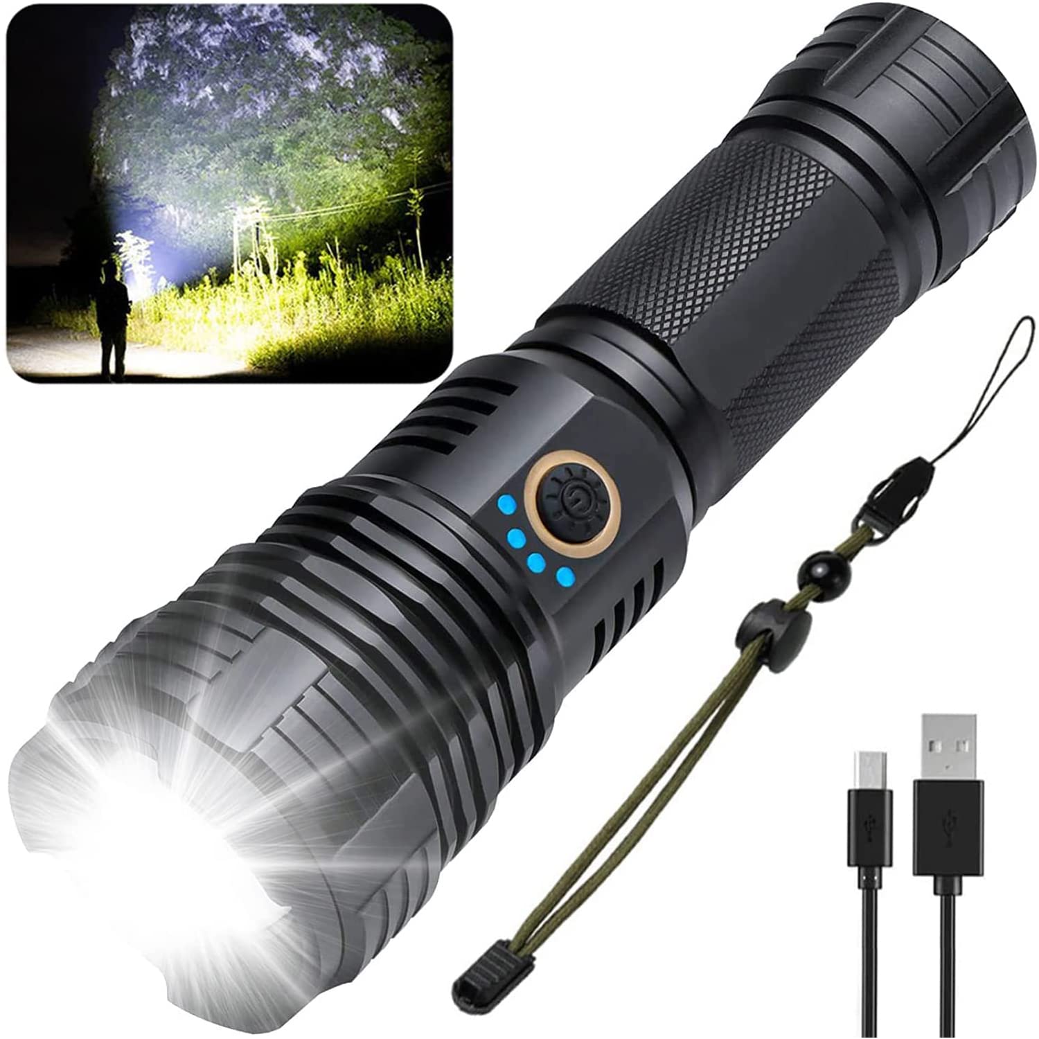 100,000 Lumens Rechargeable LED Tactical Flashlight - Zoomable, Waterproof, 5 Modes for Camping, Hiking, Hunting & Emergency Use | Swanlake Super Bright Flashlight