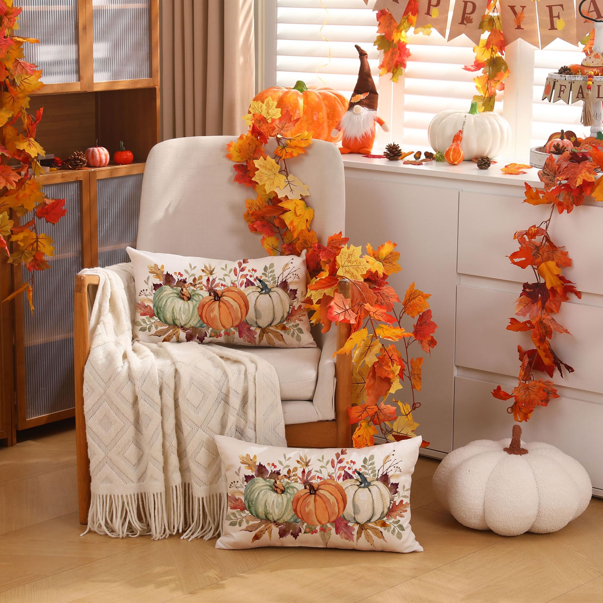 DFXSZ 12x20 Inch Fall Thanksgiving Pillow Covers - Orange White Green Pumpkin Maple Leaf Lumbar Cushion Covers, Soft Polyester Home Decor for Sofa, Couch, Living Room | Seasonal Autumn Thanksgiving Decoration