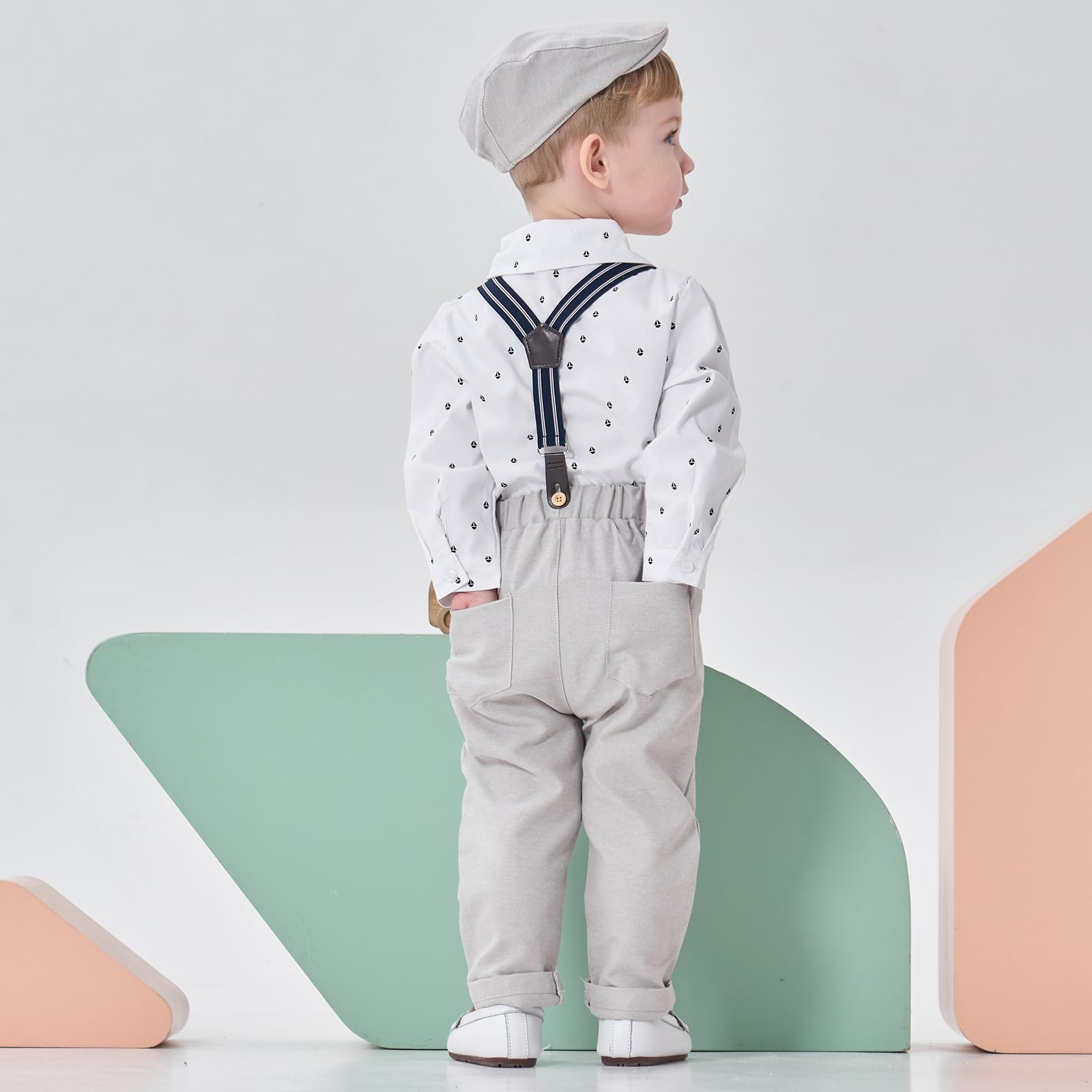 Volunboy Baby Boy Clothes Set - Infant Gentleman Wedding Outfit with Romper, Ring Bearer Beret Hat, Suspenders & Bowtie Suit - Perfect for Weddings, Christenings & Formal Occasions