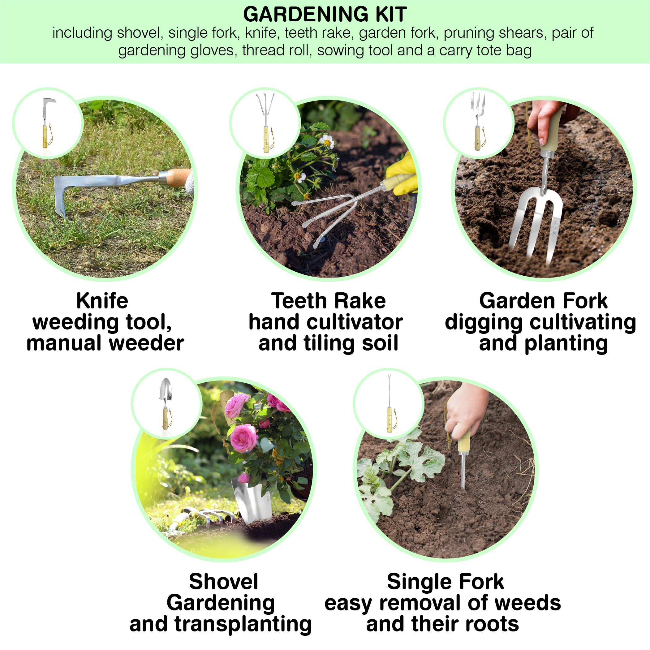 Premium Stainless Steel Garden Tools Set with Solid Beechwood Handle - Complete Gardening Kit Includes Rake, Shovel, Gloves, Shears & Tool Organizer - Ideal for Planting, Weeding & Landscaping - Perfect Gardening Gift for Women & Men