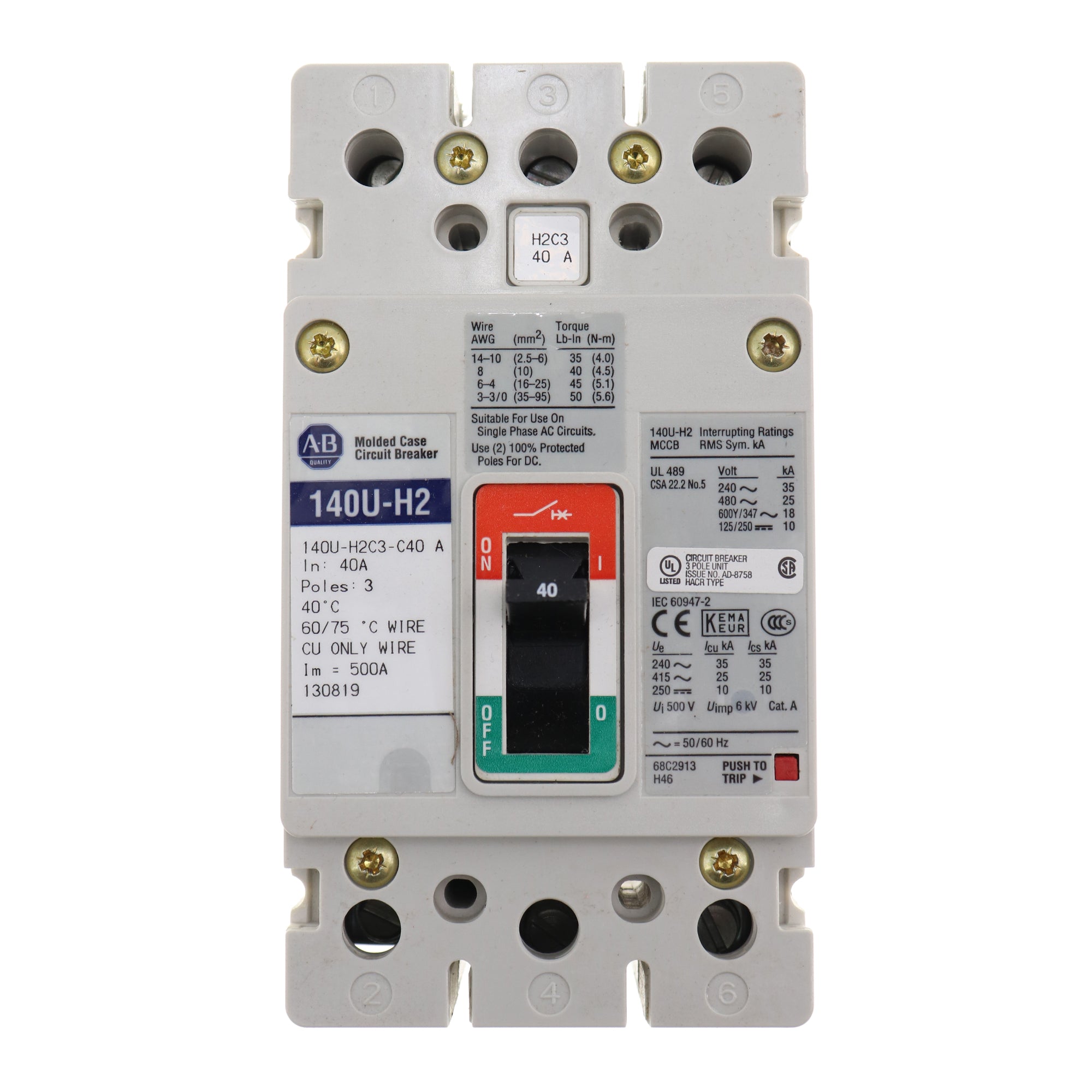 Allen Bradley 140U H2C3 C40 3 Pole 40A 600V Circuit Breaker for Industrial Electrical Panels and Motor Control Applications