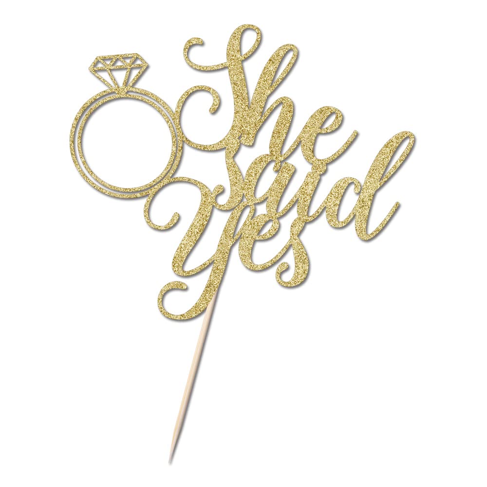 PALASASA He Asks She Said Yes Cake Topper - Gold Glitter Wedding Cake Decor for Engagement, Bachelorette Party & Pregnancy Announcement | Funny Romantic Celebration Decoration