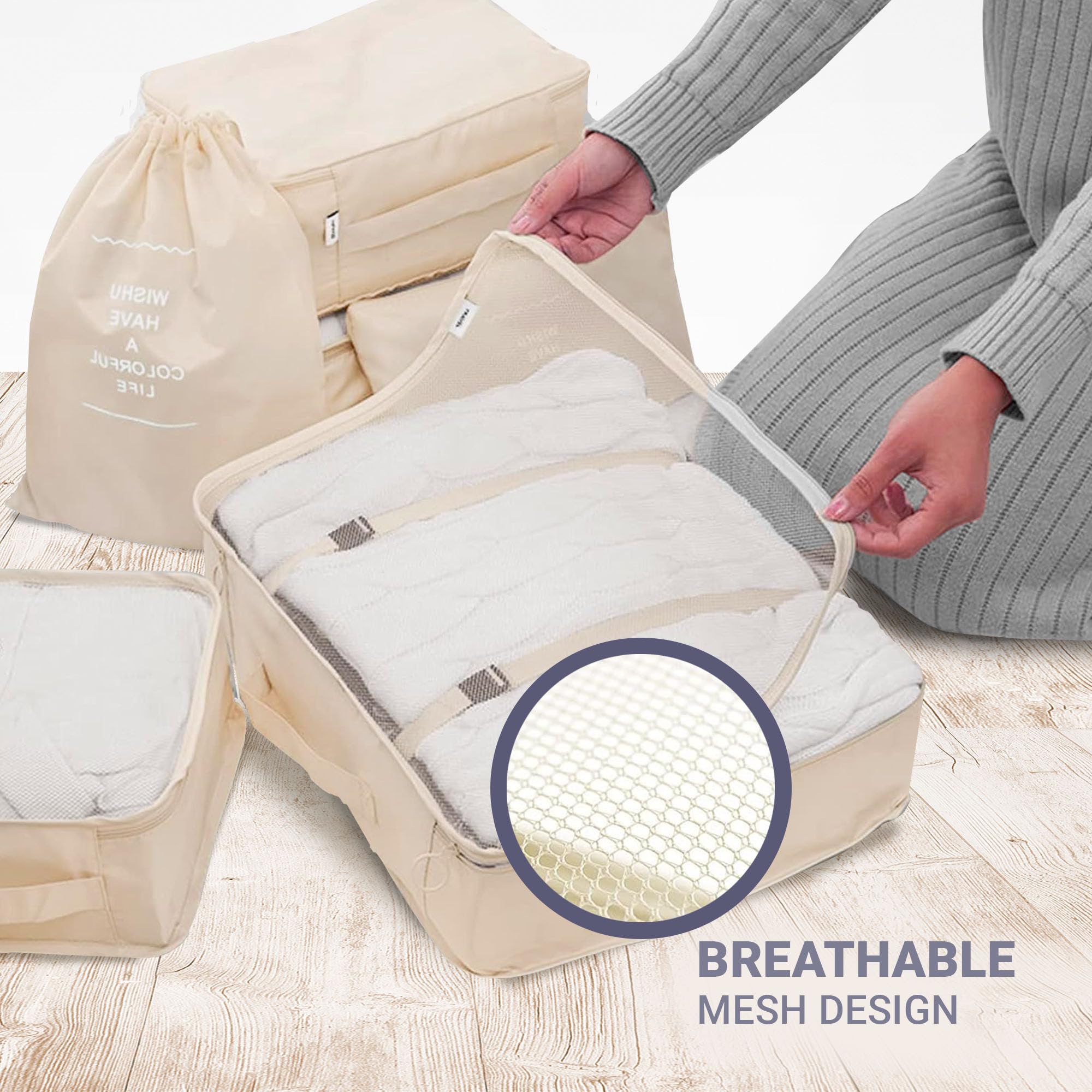 RORMI 7-Piece Packing Cubes Set with Zipper - Travel Luggage Organizer for Clothes, Shoes & Laundry Bags (Beige) | Perfect for Business Trips, Vacations & Weekend Getaways