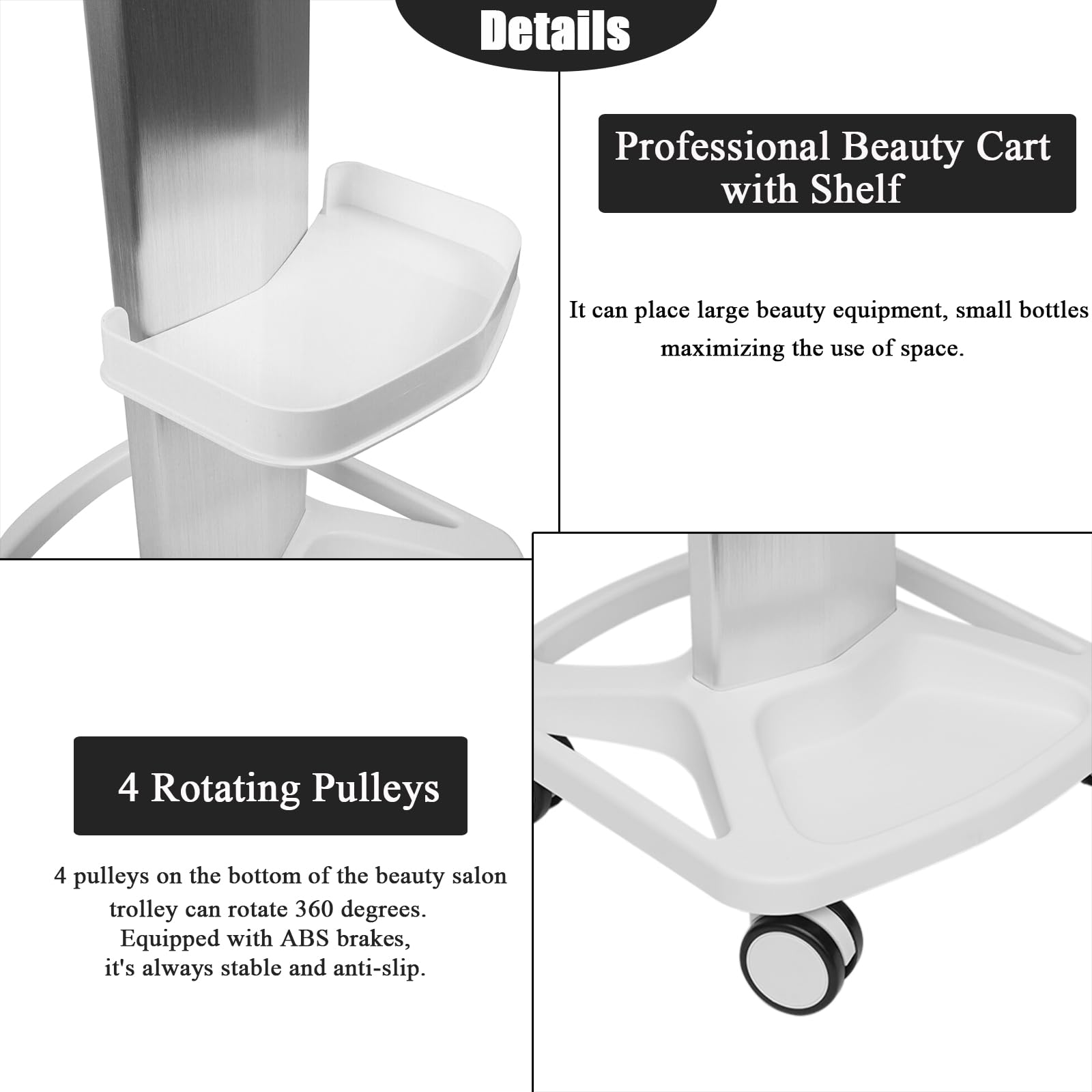 Beauty Salon Trolley Cart - 3-Tier Aluminum Alloy Mobile Cart for Hair & Spa Salon - 33lbs Capacity Rolling Utility Cart with Wheels - Perfect for Esthetician Equipment, Nail Salon Tools & Makeup Storage (White)