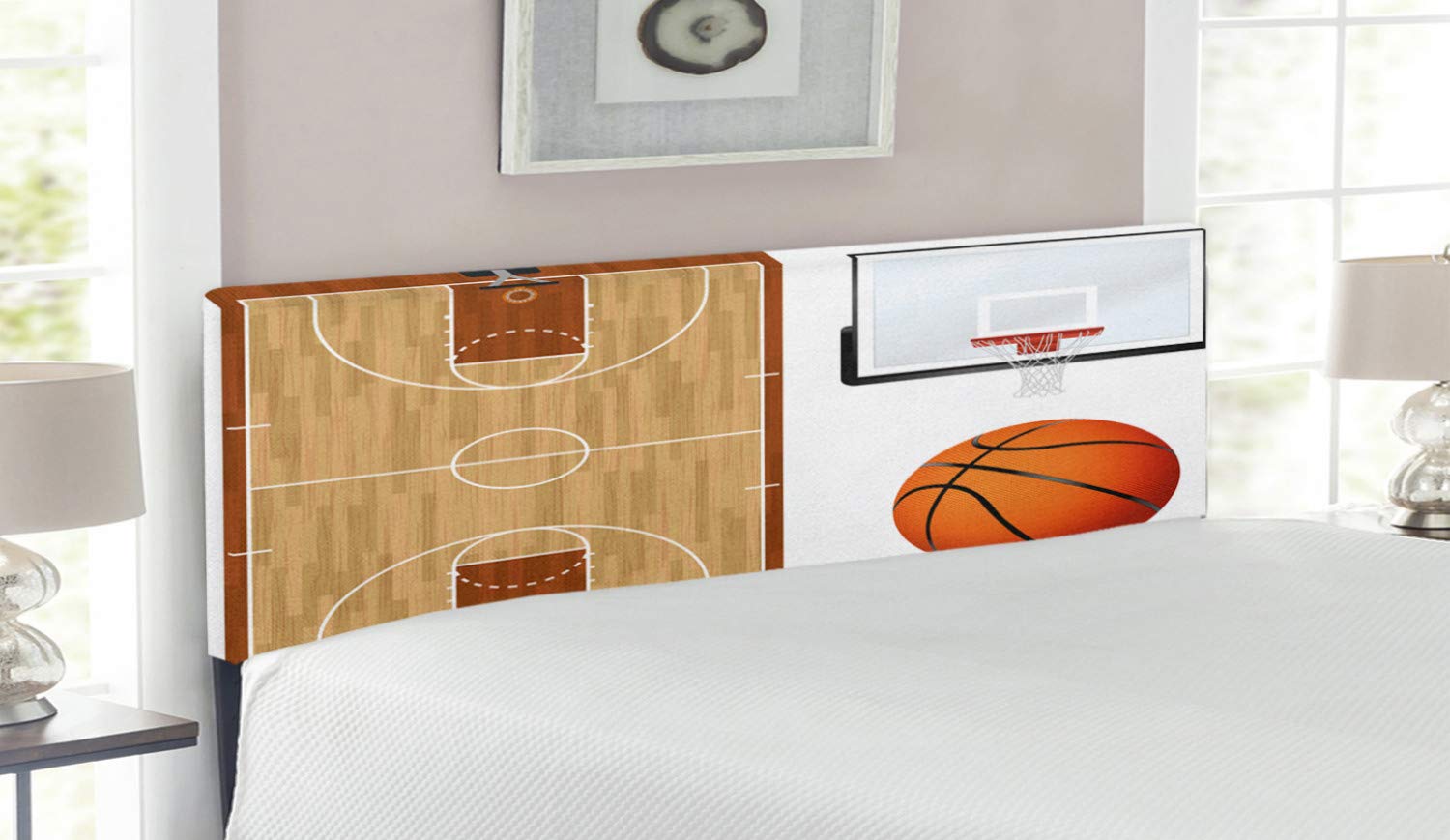 Lunarable Sports Headboard - Realistic Basketball Court Backboard Design Upholstered Metal Bed Frame with Memory Foam, Queen Size, Pale Brown Orange - Perfect for Sports-Themed Bedrooms & Game Room Decor