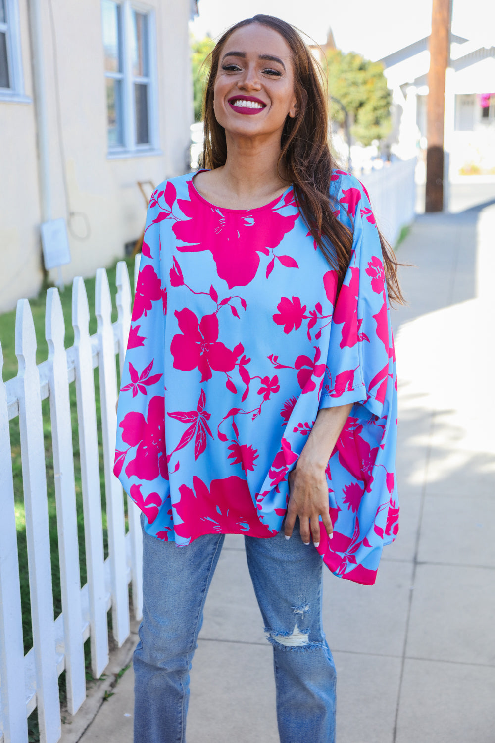 Stylish Fuchsia Floral Asymmetrical Cover-Up Blouse for Women - Perfect for Beach, Pool, and Summer Vacation Outfits
