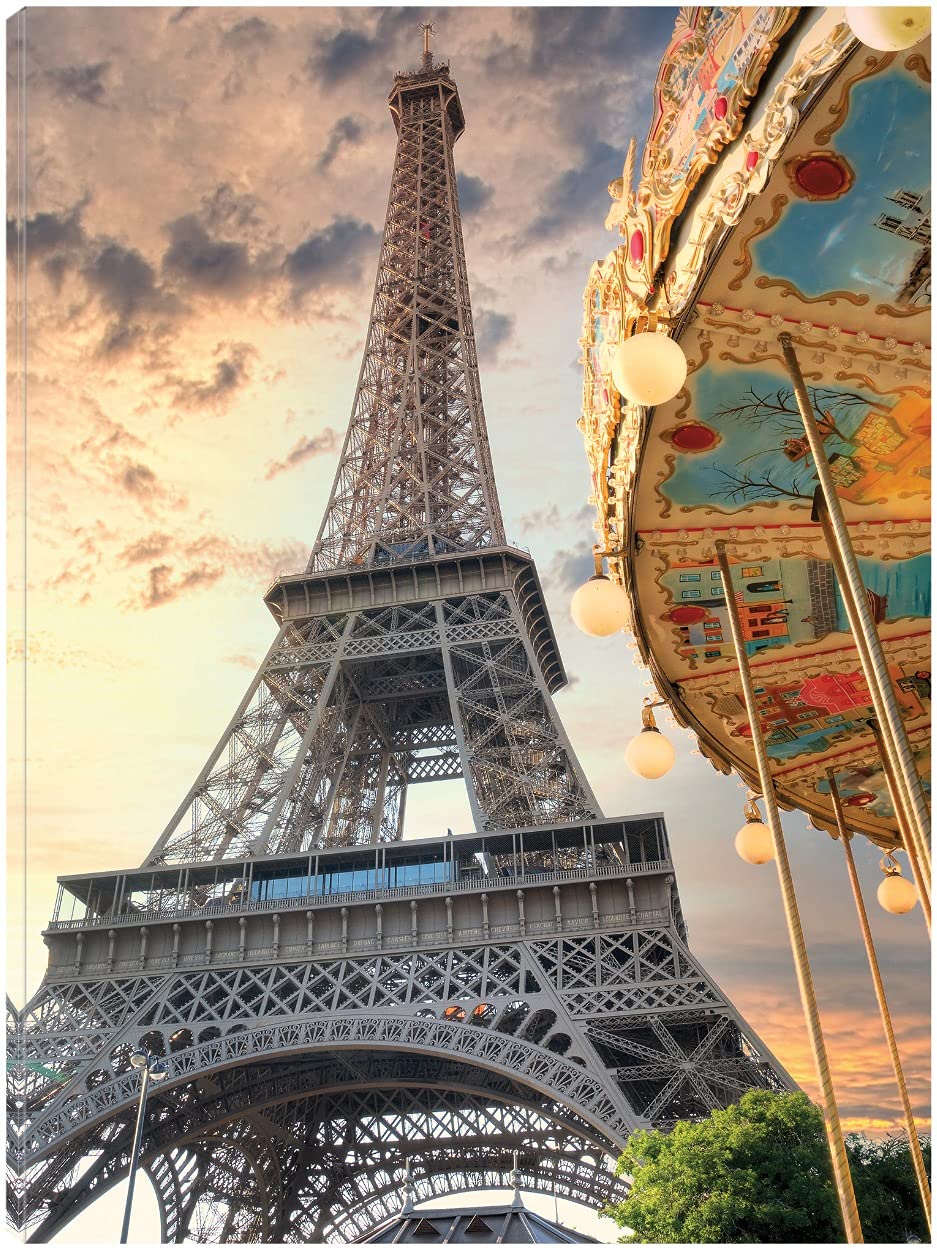 Eiffel Tower and Carousel Fine Art Canvas Wall Decor by Alan Blaustein - 35x46 Inch Ready to Hang Painting for Living Room, Bedroom, Office - Perfect for Home Decor, Housewarming Gifts & Interior Design