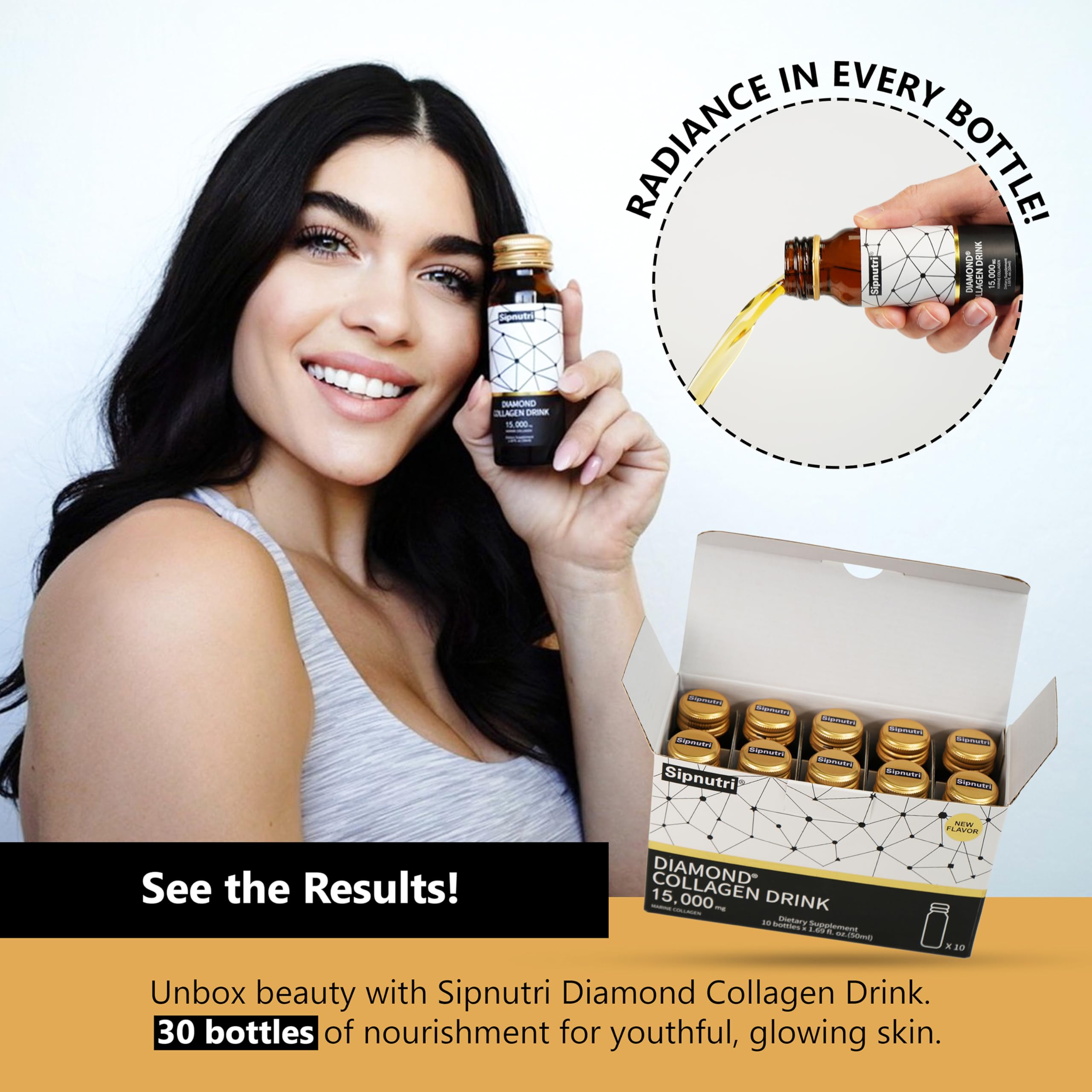 Premium Diamond Liquid Collagen Drink - 15000mg Hydrolyzed Marine Collagen Peptides with Vitamin C & Pomegranate Extract for Healthy Hair, Skin, Nails, Joint & Bone Support - 50ml x 10 Bottles (3 Boxes) - Perfect for Daily Beauty Routine & Anti-Aging Wellness
