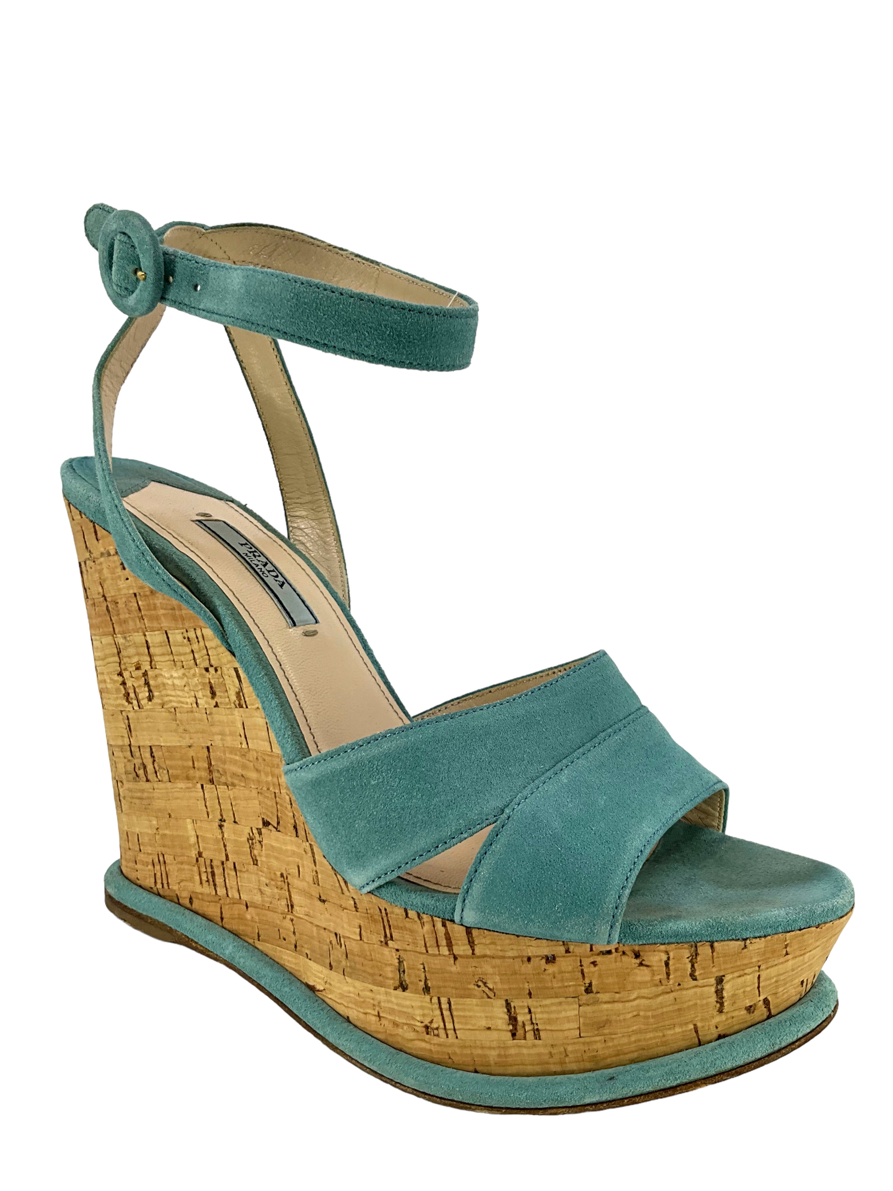 Prada Women's Strappy Suede Cork Platform Sandals - Size 9 | Luxury High Heel Summer Shoes for Parties, Weddings & Date Nights