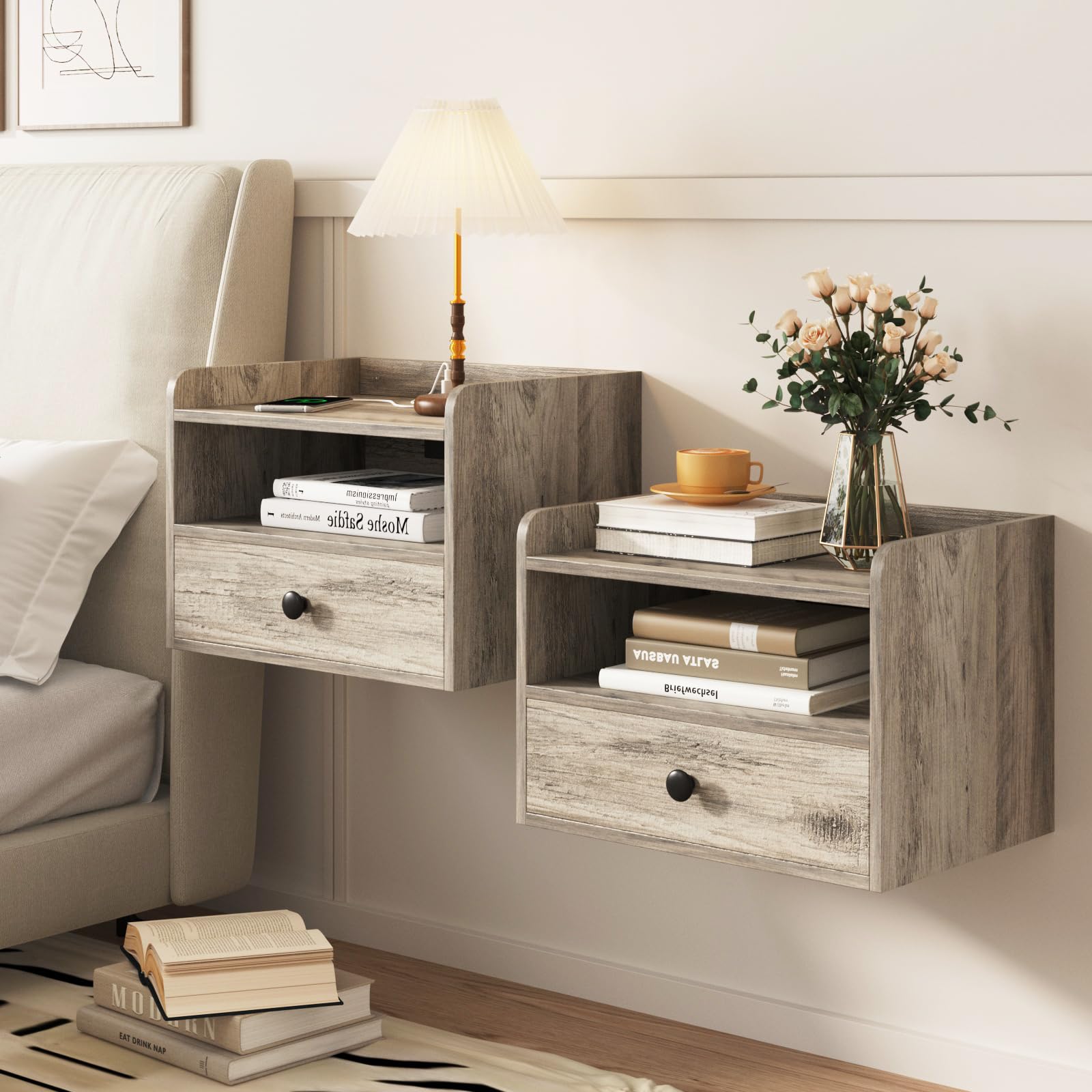 Modern Floating Nightstand Set of 2 - Wall Mounted Bedside Tables with Drawer, Open Shelf & USB Charging Station - Space Saving Grey End Tables for Small Bedrooms, Apartments & Dorm Rooms