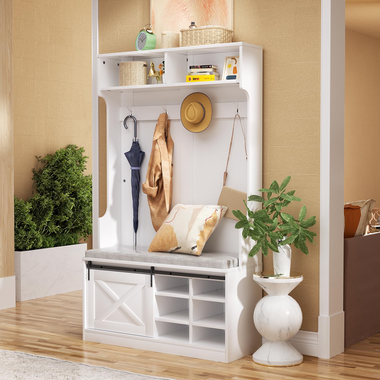 LOVMOR White Entryway Hall Tree with Shoe Storage, Coat Rack & Bench - Upholstered Shoe Storage Bench with Slide Cabinet Organizer Drawer & Adjustable Shelf | Perfect for Small Spaces, Entryway Organization & Home Decor