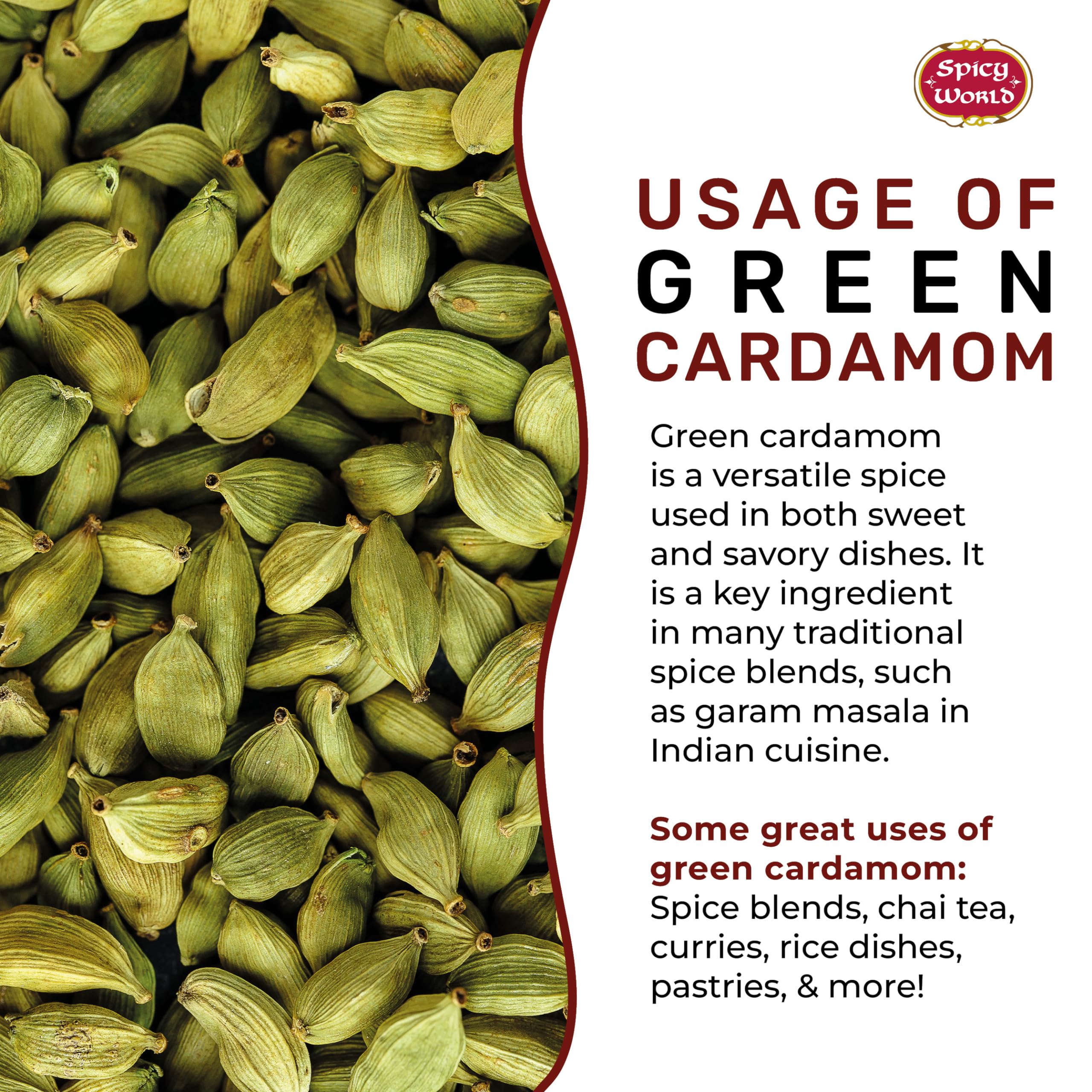 Premium Whole Green Cardamom Pods 7oz (200g) - Organic, Vegan, Aromatic Spice for Baking, Tea & Indian Cooking - Fresh Large Cardamom Seeds by Spicy World