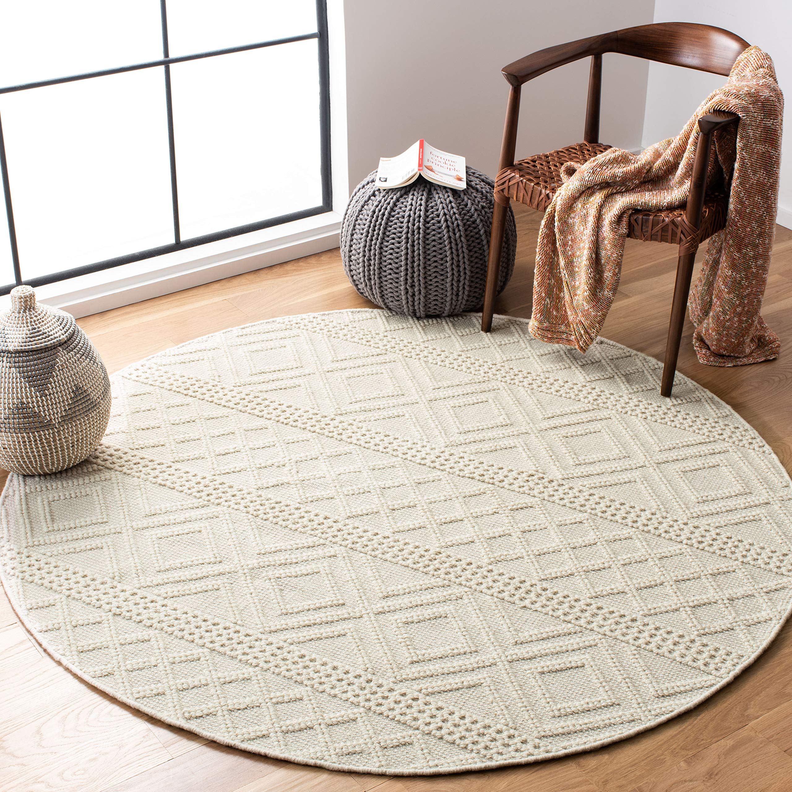 SAFAVIEH Vermont Collection 8' Round Ivory VRM211A Handmade Premium Wool & Cotton Area Rug - Soft & Durable Living Room, Bedroom, Dining Room Rug for Home Decor
