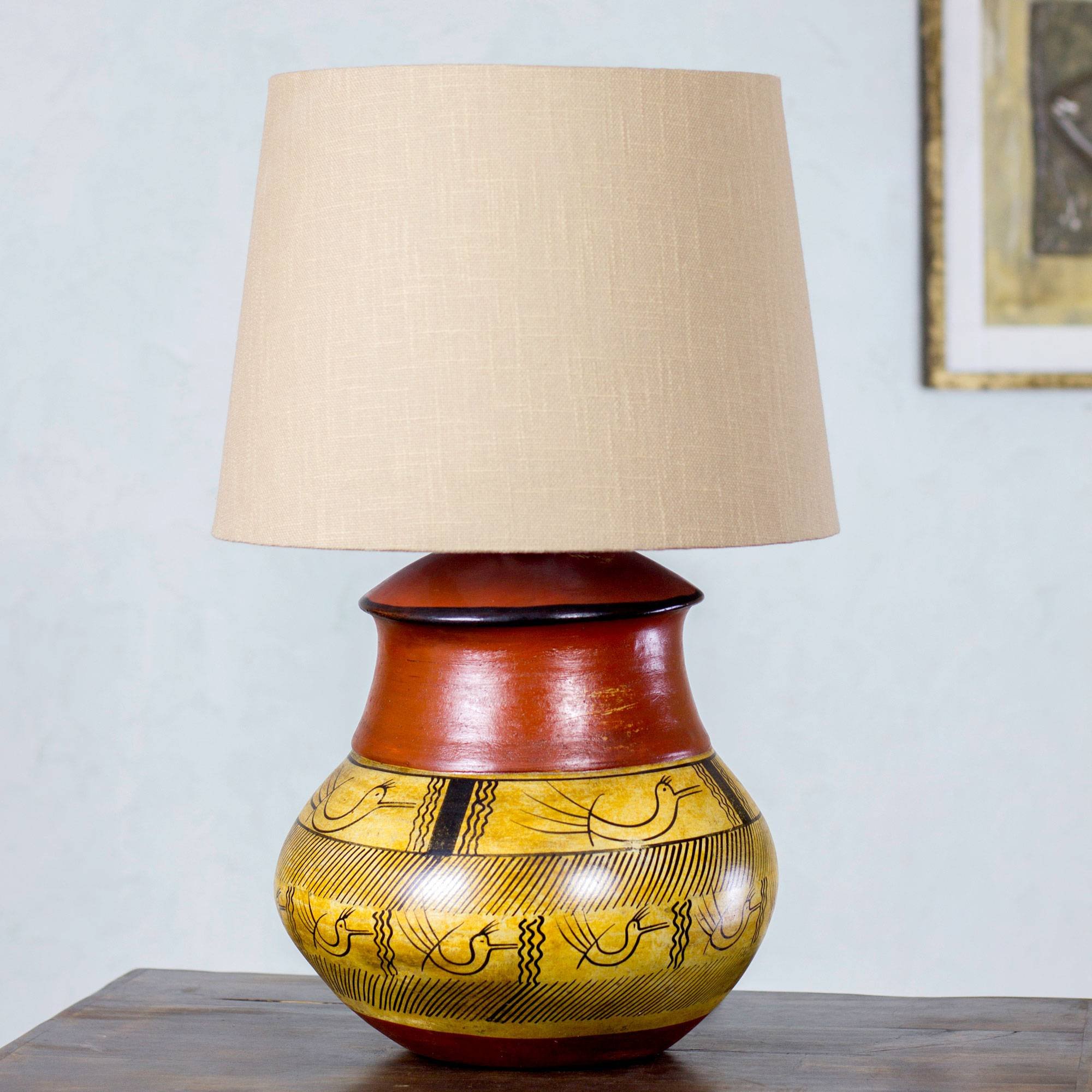 NOVICA Handcrafted Tarahumara Mystery Ceramic Table Lamp - Brown & Yellow Animal Design for Living Room, Bedroom, or Office Decor