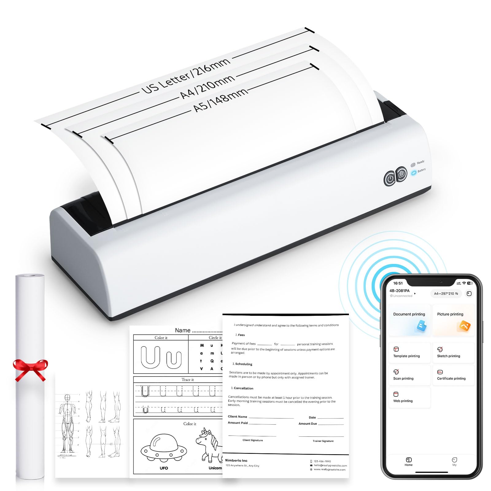 OFFNOVA Wireless Portable Thermal Printer for Travel - Inkless Printer for iOS, Android, Laptop - Print US Letter & A4 Size - Includes 8.5
