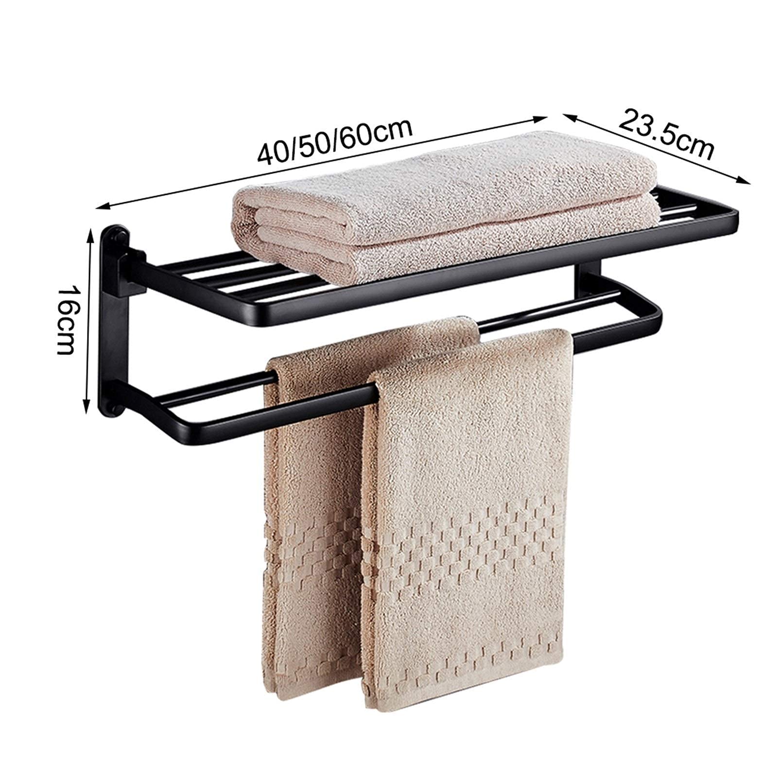 Stainless Steel Wall Mounted Towel Rack - Matte Black Double Towel Holder (40cm) for Bathroom & Kitchen - Space Saving Bath Towel Bar with Shelf - Perfect for Small Spaces, Apartments, and Modern Home Decor