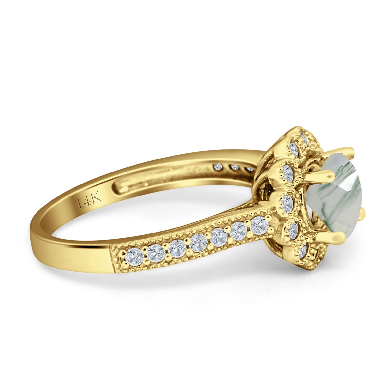 14K Yellow Gold Round Natural Green Moss Agate Vintage Style Flower Ring for Women - Elegant Boho Jewelry Gift for Birthday, Anniversary & Special Occasions