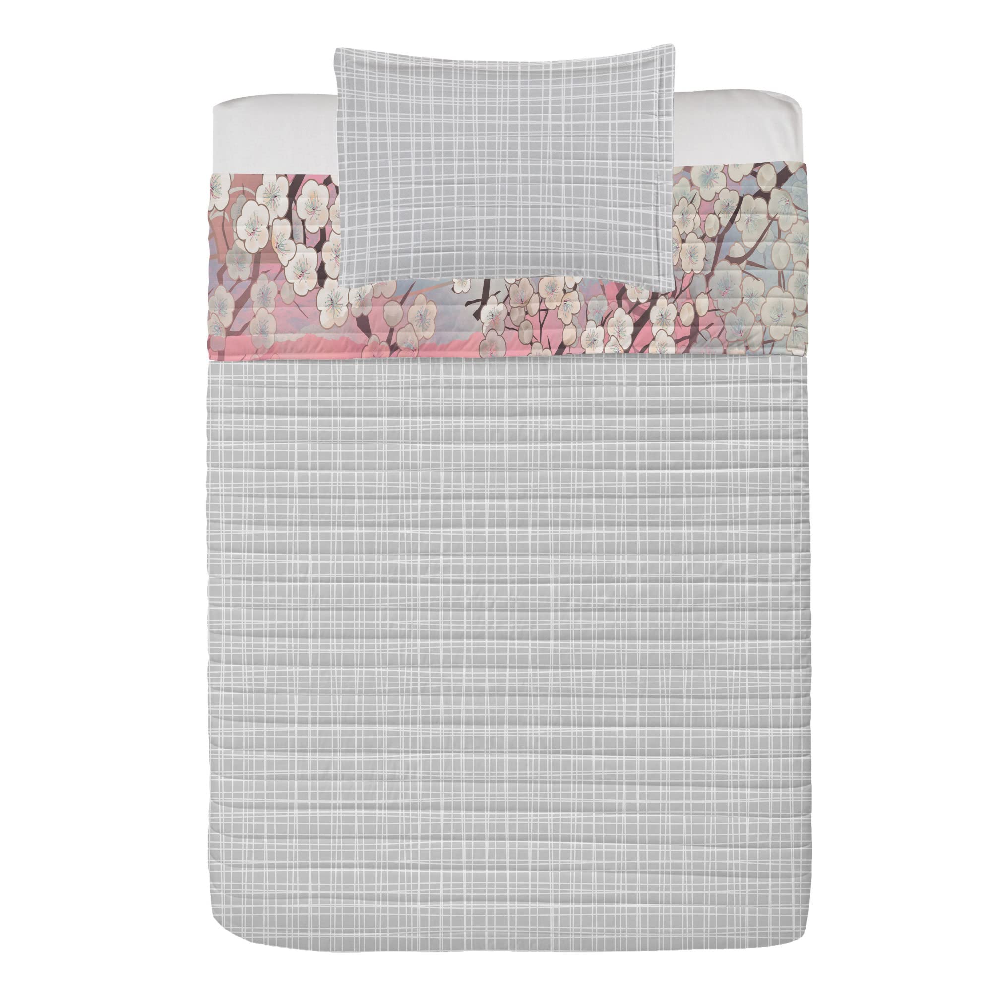 Ambesonne Reversible Bedspread Set - Japanese Cherry Blossom Sakura Tree Design, Twin Size Pale Pink Microfiber Bedding with Pillow Shams | Spring Floral Decor for Bedroom, Dorm, Guest Room & Cozy Home Aesthetic