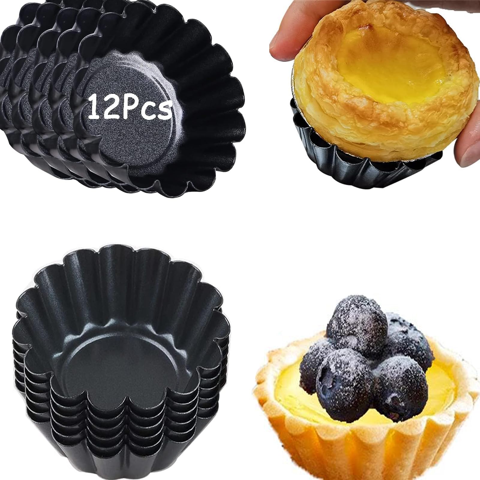 12-Piece Non-Stick Mini Egg Tart Molds Set - 3 Inch Top, 1.7 Inch Bottom, 0.9 Inch Height - Carbon Steel Reusable Baking Pans for Perfect Tarts, Pies & Desserts - Ideal for Home Baking, Tea Parties & Holiday Treats