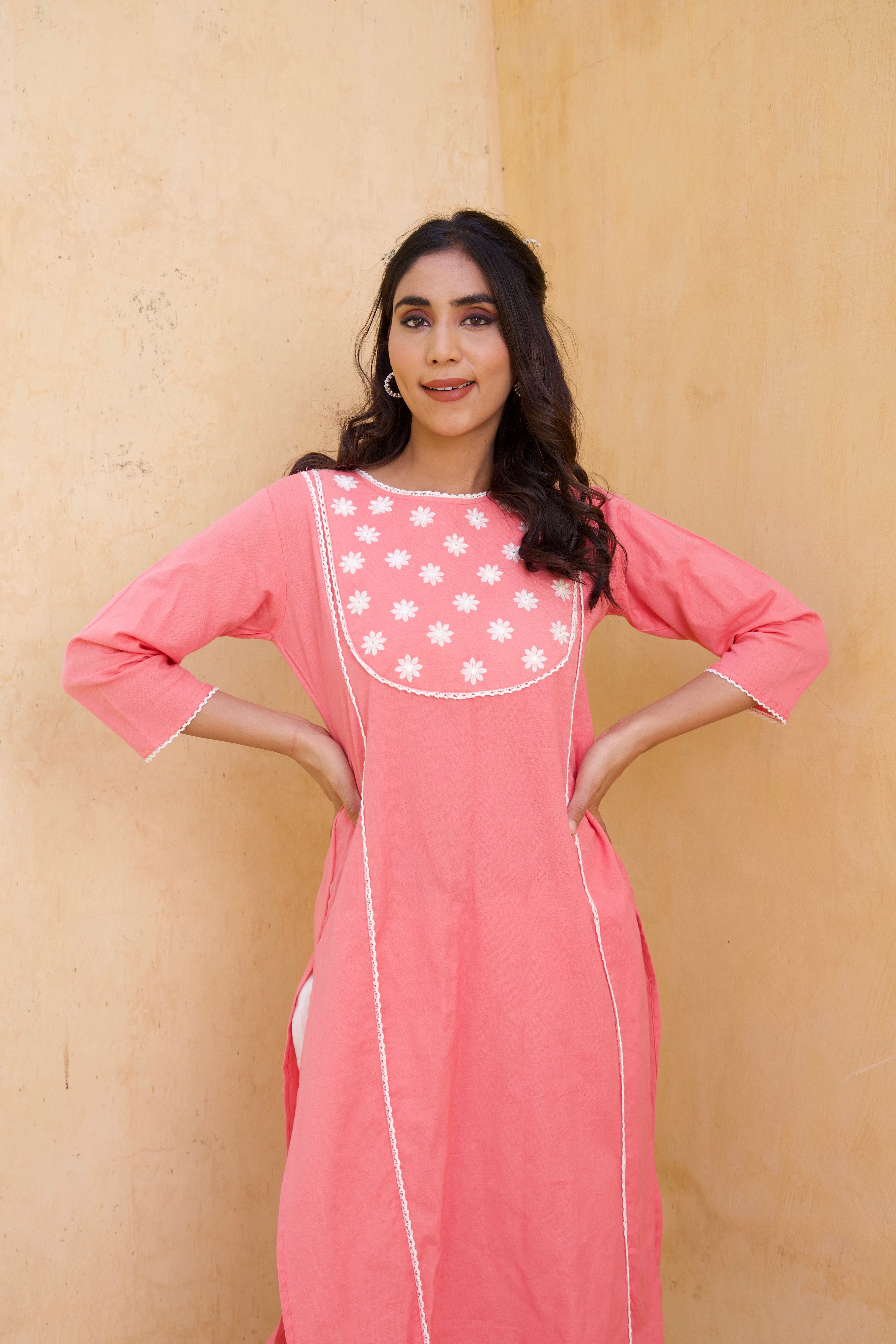 Stylish Pink Cotton Floral Kurta Set for Women - Perfect for Festivals, Parties & Casual Wear