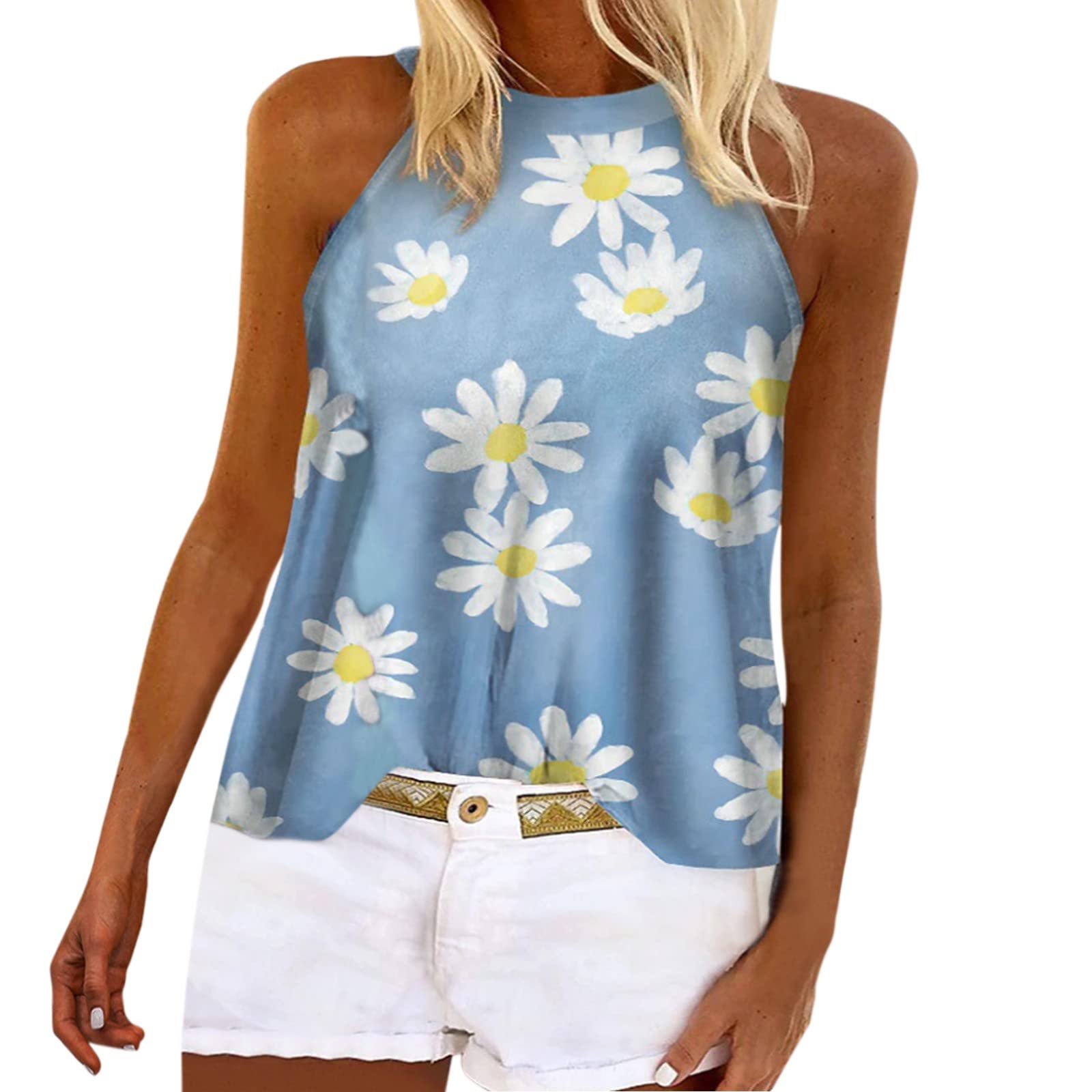 Women's Striped Round Neck Sleeveless T-Shirt Vest with Back Tie Bow - Casual White Summer Top for Beach, Party & Everyday Wear