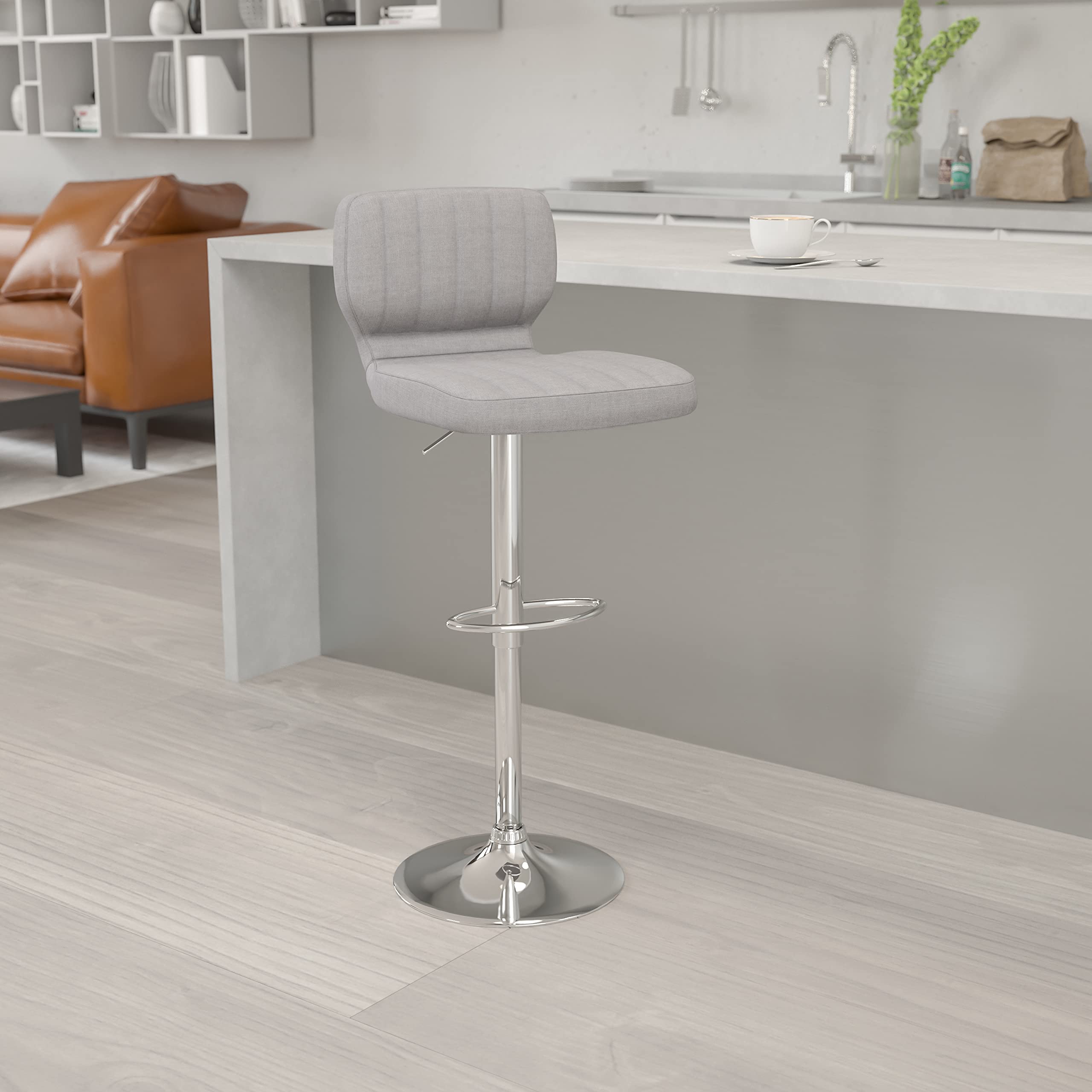 EMMA + OLIVER Adjustable Height Bar Stool with Vertical Stitch Back - Gray Fabric Counter Stool for Kitchen Island, Breakfast Nook & Home Bar - Comfortable & Stylish Seating Solution
