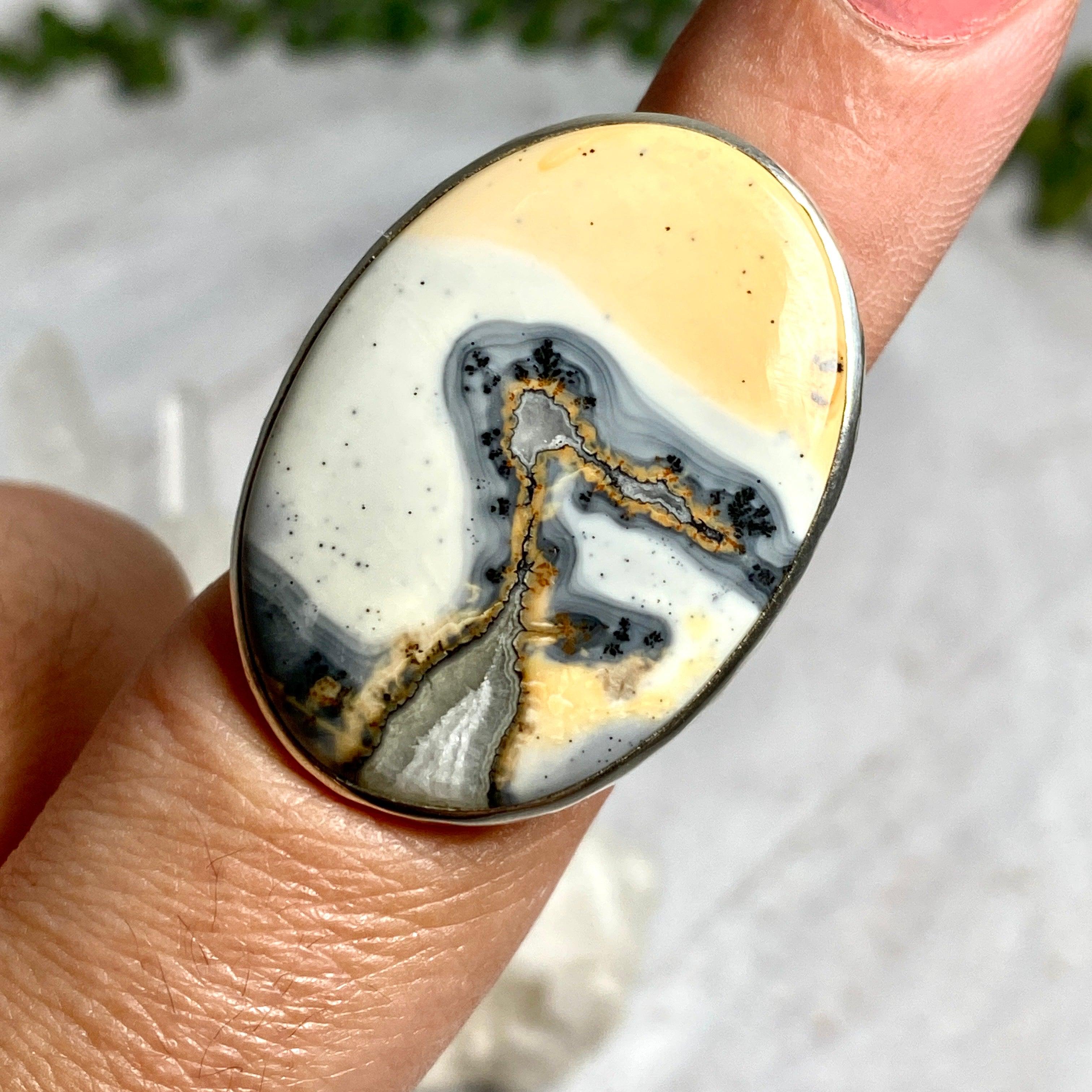 Maligano Jasper Oval Cabochon Ring with Beaten Band - Size 8 - KRGJ1564 - Handmade Boho Jewelry for Women, Perfect for Everyday Wear & Gift Giving