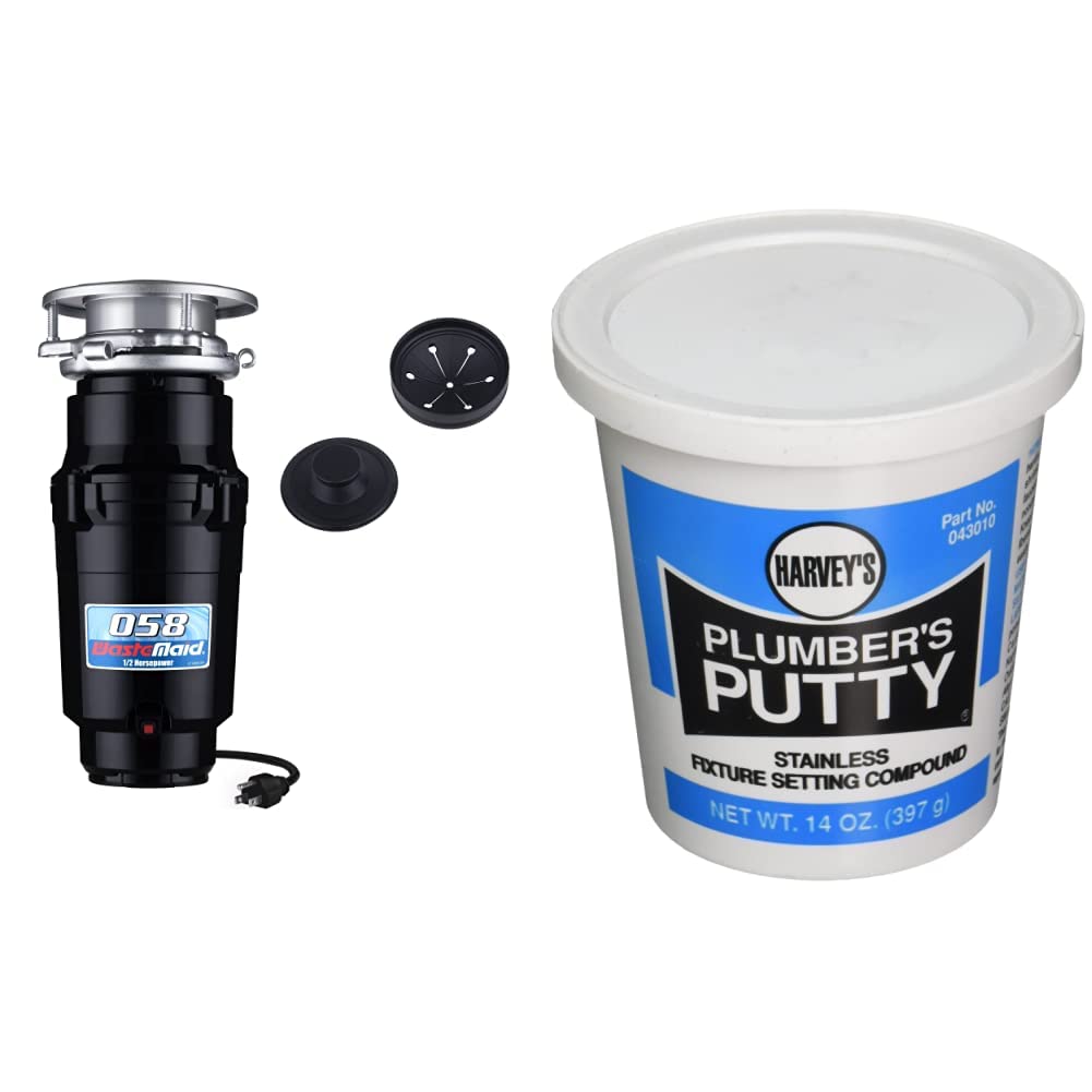 Waste Maid 10-US-WM-058-3B 1/2 HP Stainless Steel Garbage Disposal System - Anti-Jam Food Waste Grinder, Black | WM Harvey 043010 14oz Professional Plumber's Putty, Off-White - Perfect for Kitchen Sink Installation & Pipe Seal Repairs