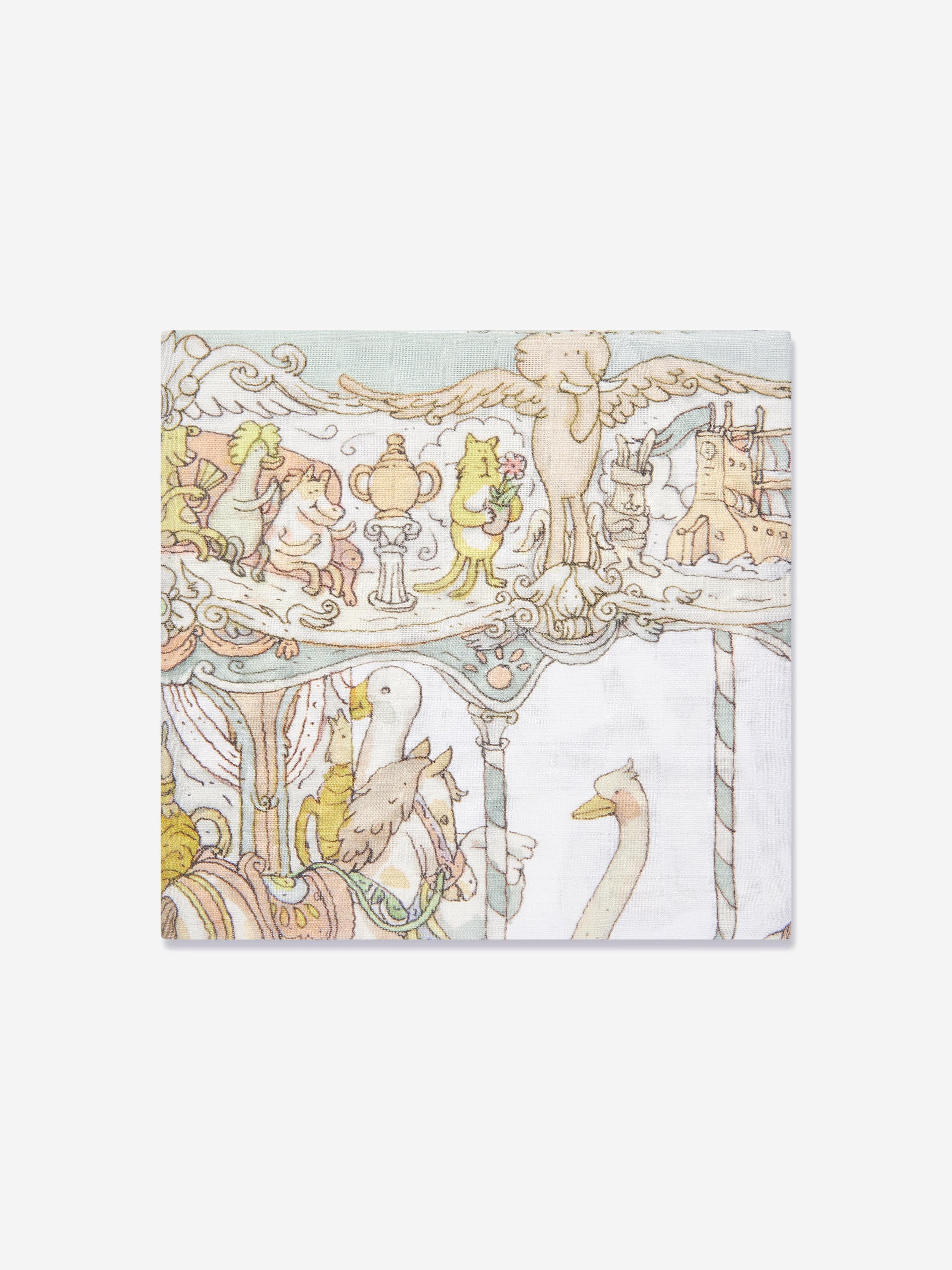 Atelier Choux Baby Carousel Swaddle Blanket - 100cm White Organic Cotton Muslin Wrap for Newborns | Perfect for Nursery, Photography & Gift Giving