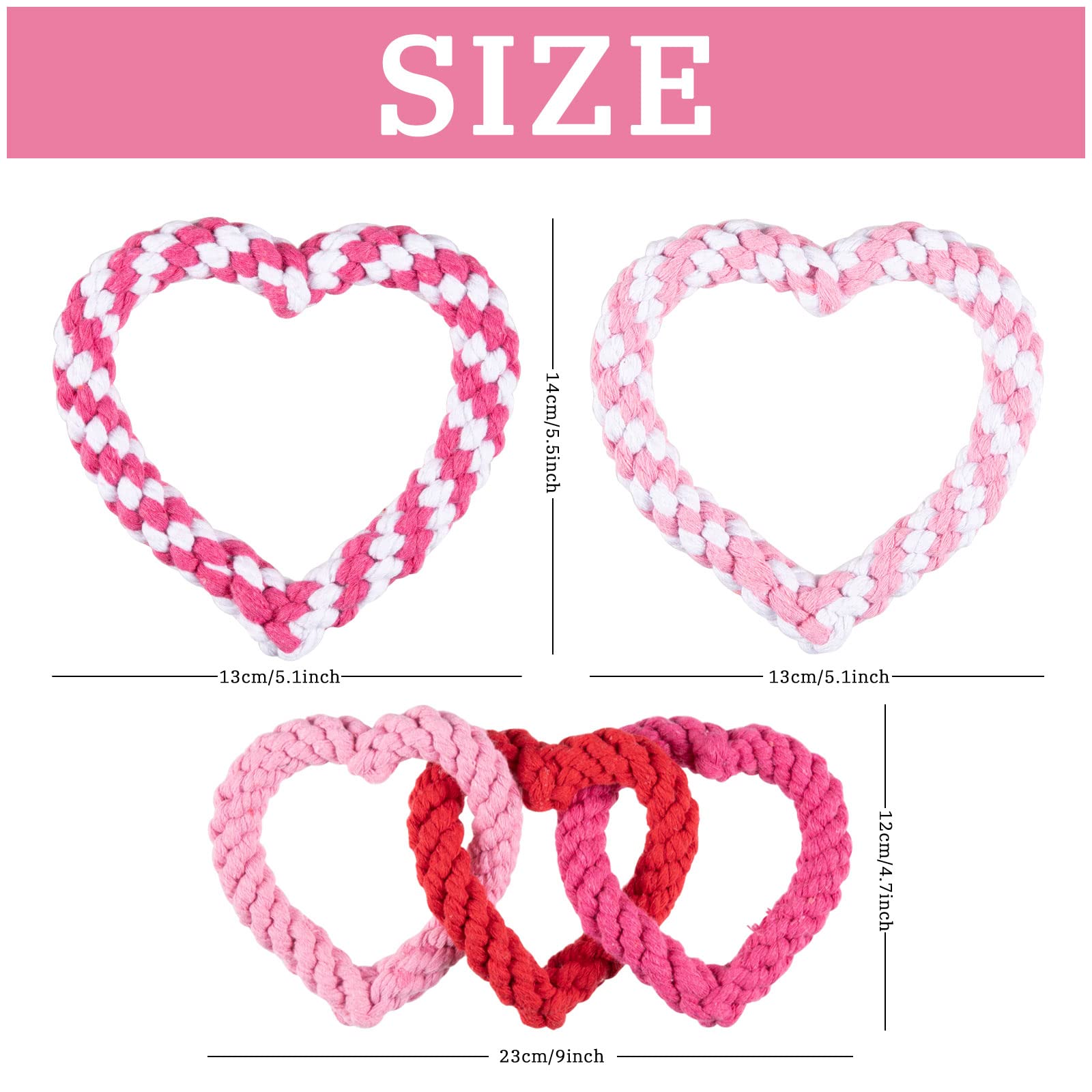 Whaline 3-Piece Valentine's Day Dog Chew Toys - Heart Shaped Rope for Small & Medium Dogs - Red & Pink Puppy Chewing Rope for Teeth Cleaning, Training & Play - Perfect for Valentine's Gifts & Playtime Bonding
