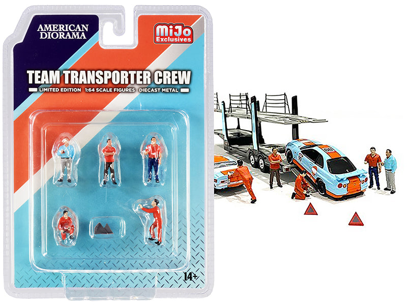 1/64 Scale Team Transporter Crew Diecast Set - 5 Figurines & 2 Warning Triangles for Model Trucks & Dioramas | American Diorama Collectible | Perfect for Display Cases & Racing Scenes