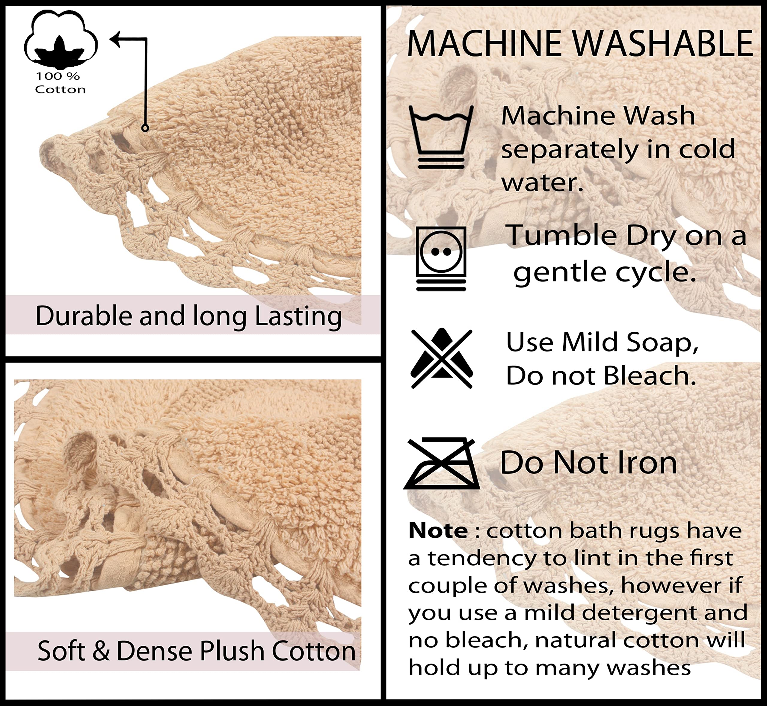 Home Weavers Hampton Reversible Crochet Bath Mat Set - 100% Cotton Washable Bathroom Rug, Ultra Soft & Absorbent Non-Slip Bath Mat for Bathroom & Kitchen, 24