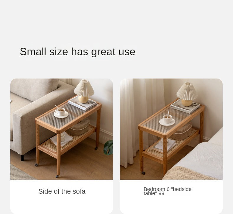 Solid Oak Wood Japanese Style Glass Rattan Rocking Side Table - Portable End Table for Living Room, Bedroom, or Outdoor Patio Decor