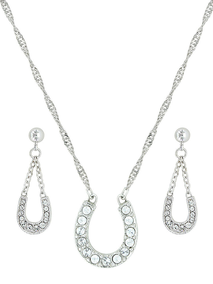Montana Silversmiths JS808 Women's Sterling Silver Lucky Horseshoe Jewelry Set with Clear Crystals - Perfect for Western Fashion, Cowgirl Outfits & Good Luck Gifts