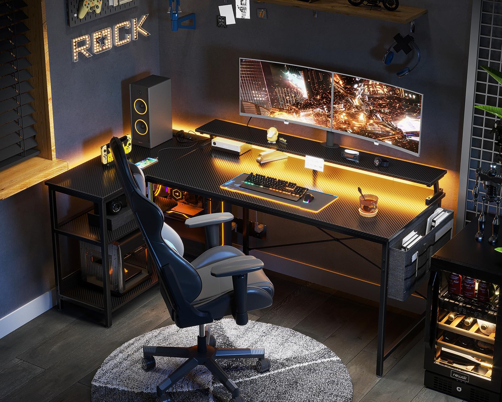 ODK 66 Inch L-Shaped Gaming Desk with USB Charging Ports, LED Lights & Power Outlets - Reversible Corner Computer Desk with Storage Shelves & Monitor Stand in Carbon Fiber Black - Perfect for Gamers, Streamers & Home Office Setup