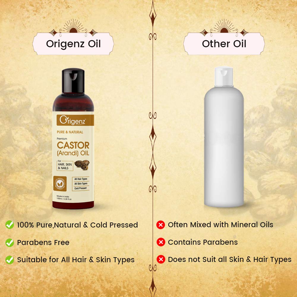 Origenz 100% Pure Cold Pressed Castor Oil for Hair Growth, Skin Moisturizer, Eyelash & Eyebrow Enhancer | 3.38 oz (100ml) Natural Treatment for Face, Nails & Belly Button | Perfect for DIY Beauty, Hair Care & Massage Therapy