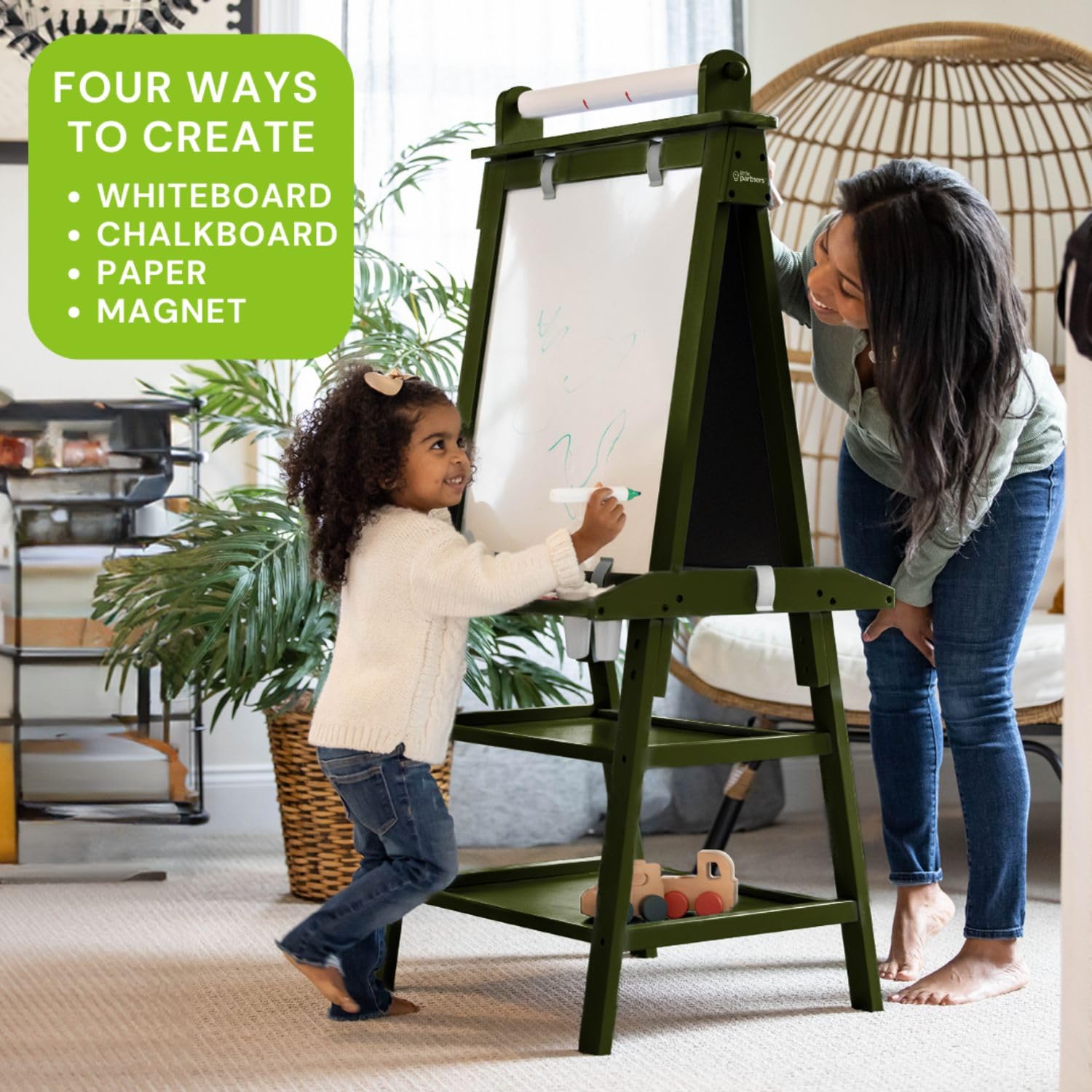 Little Partners Deluxe Learn 'N Play Toddler Easel - 2-Sided Kids Art Center with Chalkboard & Magnetic Whiteboard | Paper Roll, Storage Bins & Paint Cups | Perfect for Home, Preschool & Daycare (Olive Green)