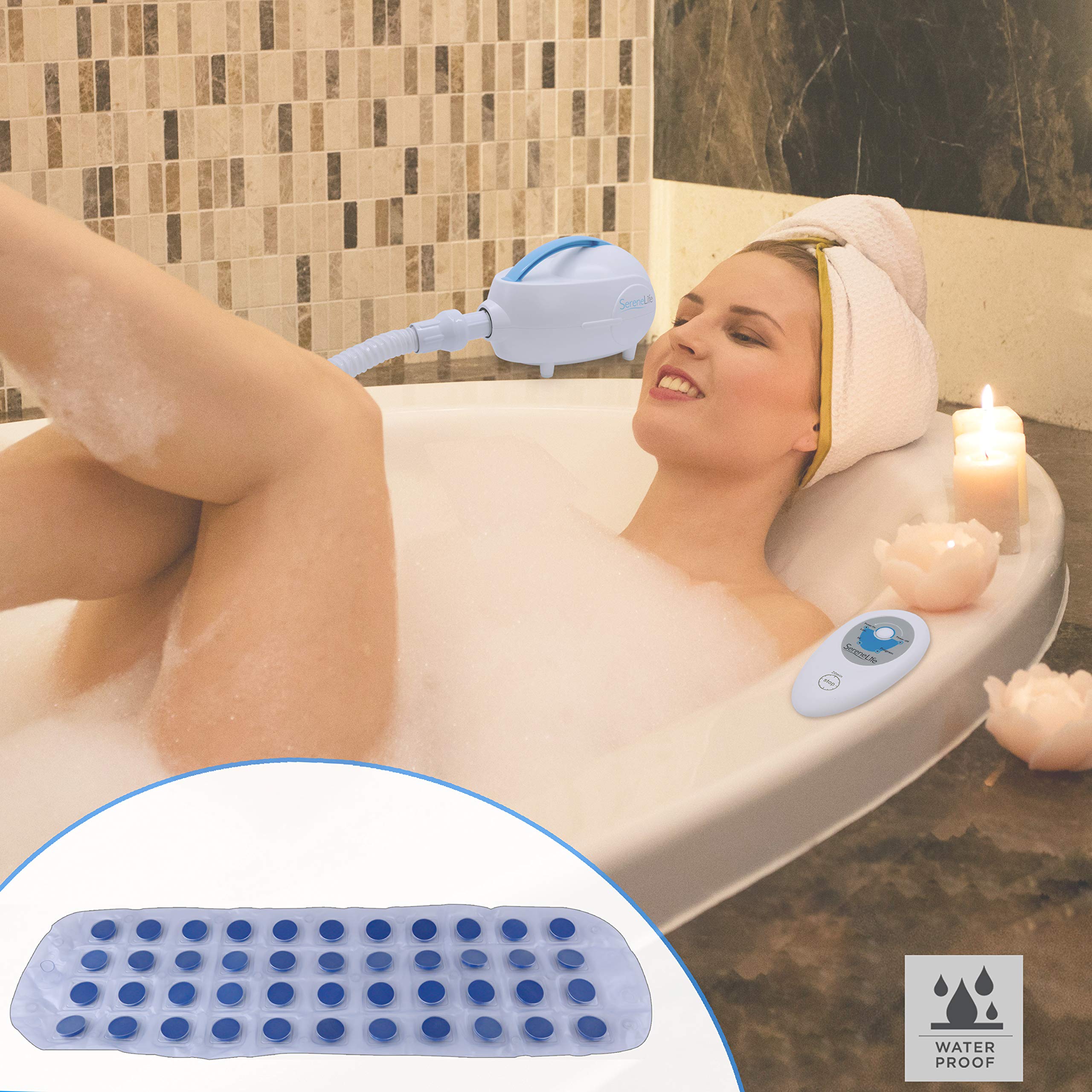 SereneLife Full Body Spa Bath Mat with Warm Air Jets & Bubble Massage - Portable Hot Tub Mat with Remote Control, Non-Slip Design, Adjustable Heat & Aromatherapy Clip for Essential Oils - Perfect for Relaxation, Stress Relief & Home Spa Experience